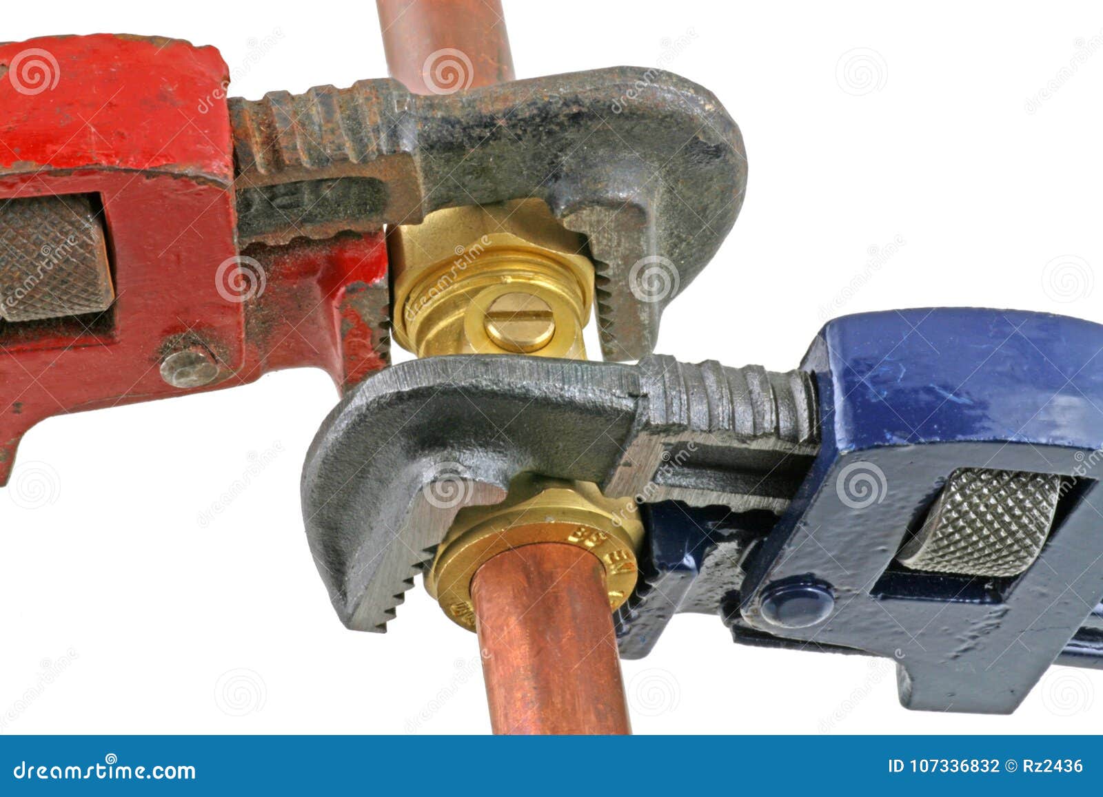 Plumber Tightening Up Pipework with Wrenches Stock Photo Image of