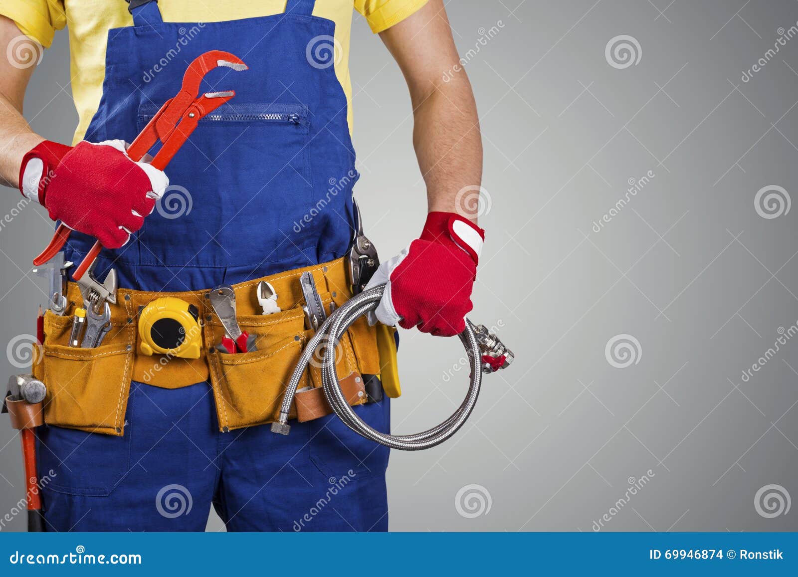 Plumber with Tool Belt on Gray Stock Photo Image of gray, overalls 69946874