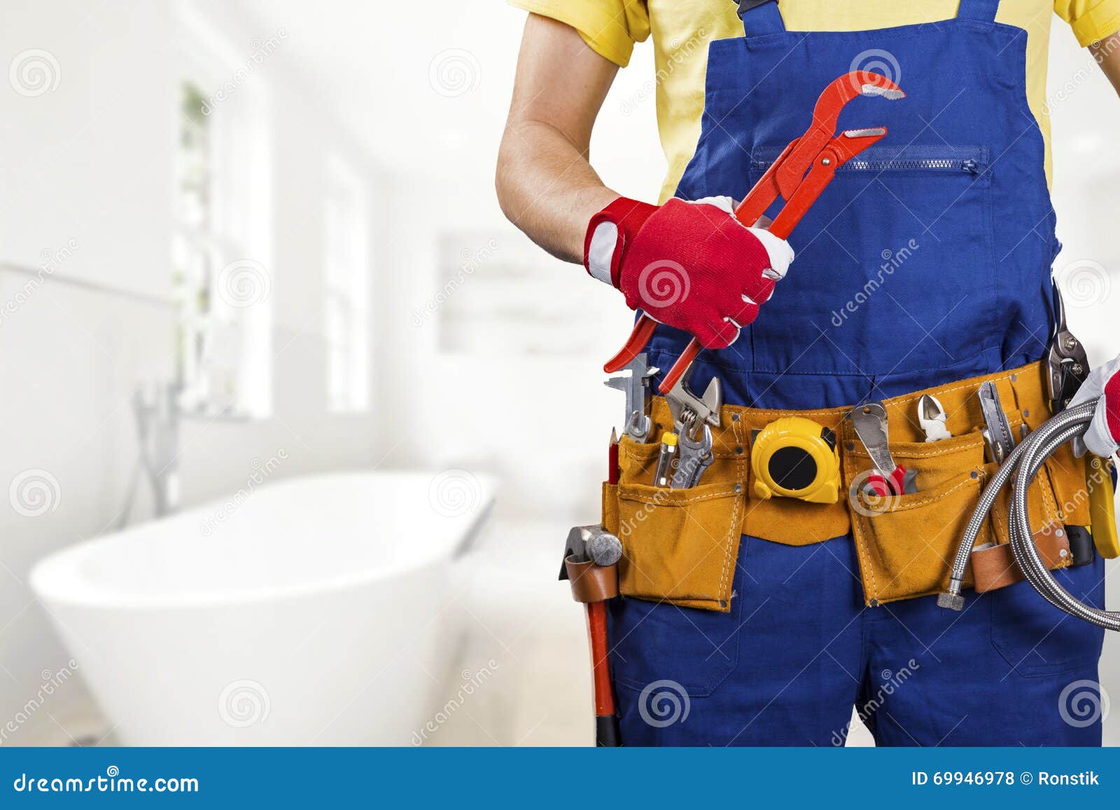 Plumber with Tool Belt Standing in Bathroom Stock Photo Image of