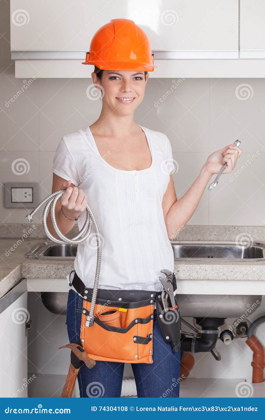 Plumber Woman Holding Her Tools Stock Photo Image of equality, work