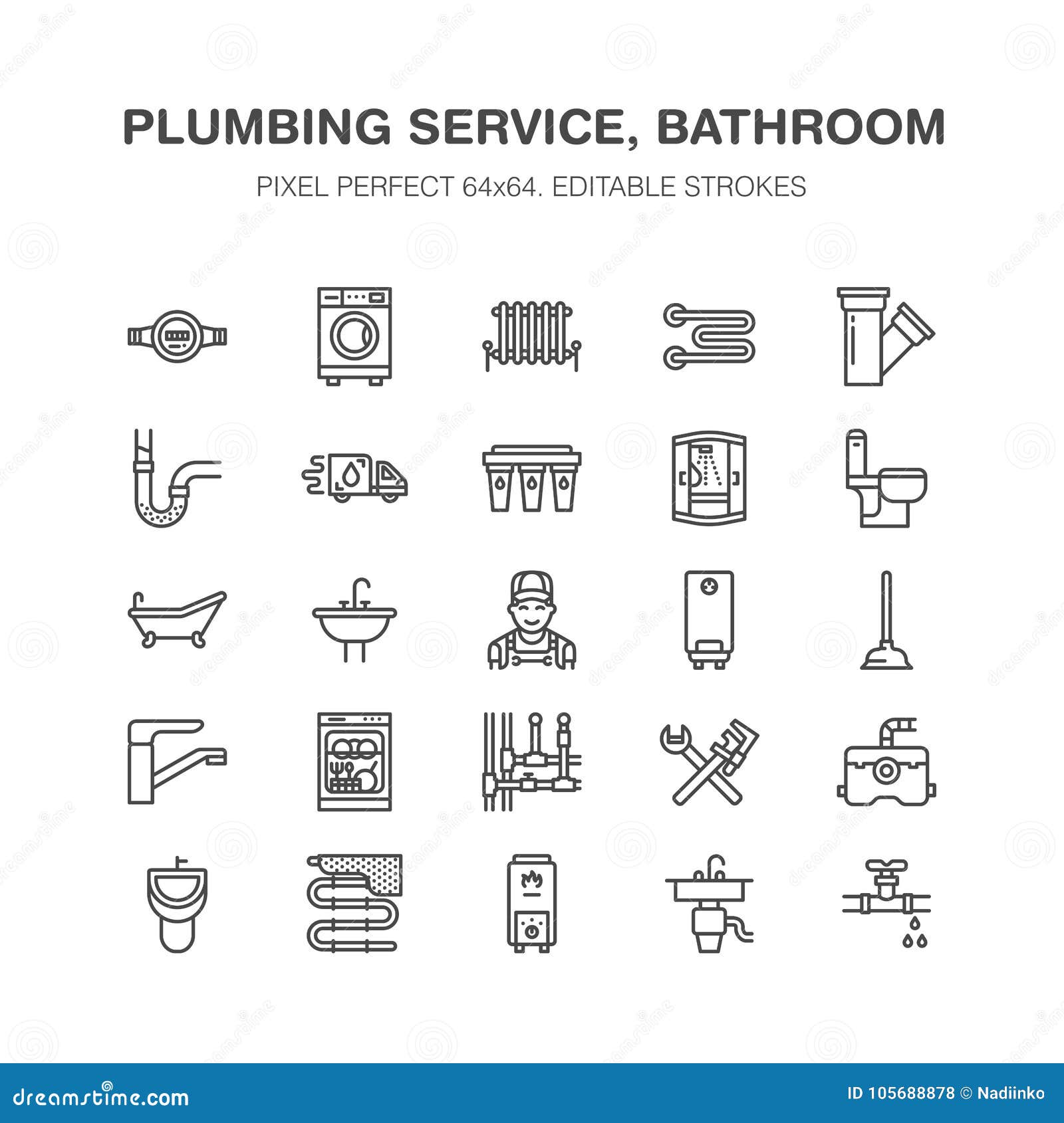 Plumbing Service Vector Flat Line Icons House Bathroom Equipment