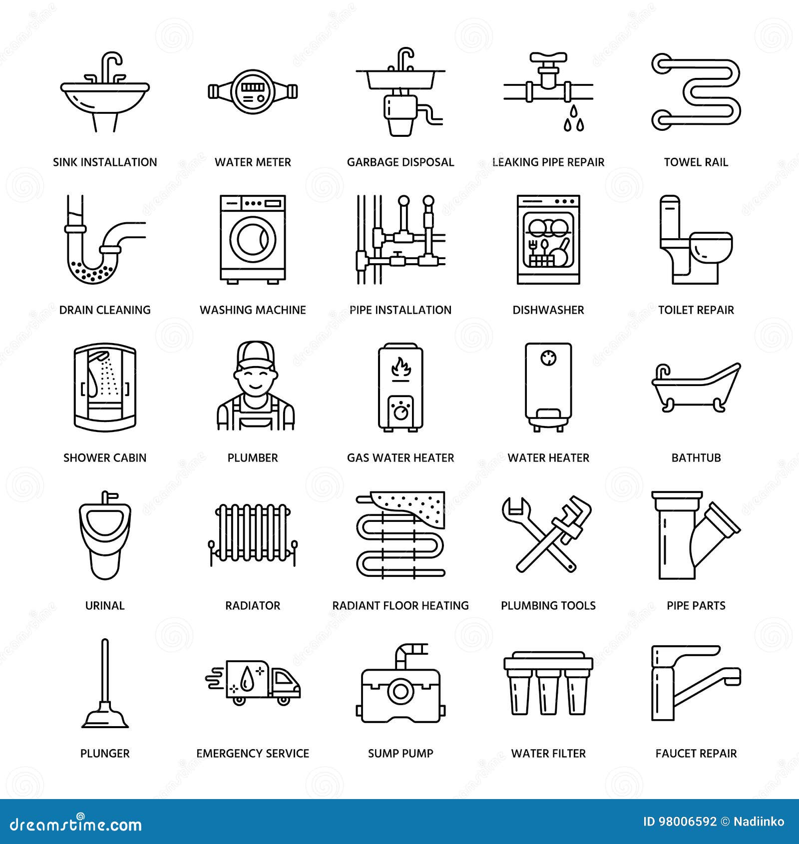 Plumbing Service Vector Flat Line Icons House Bathroom Equipment