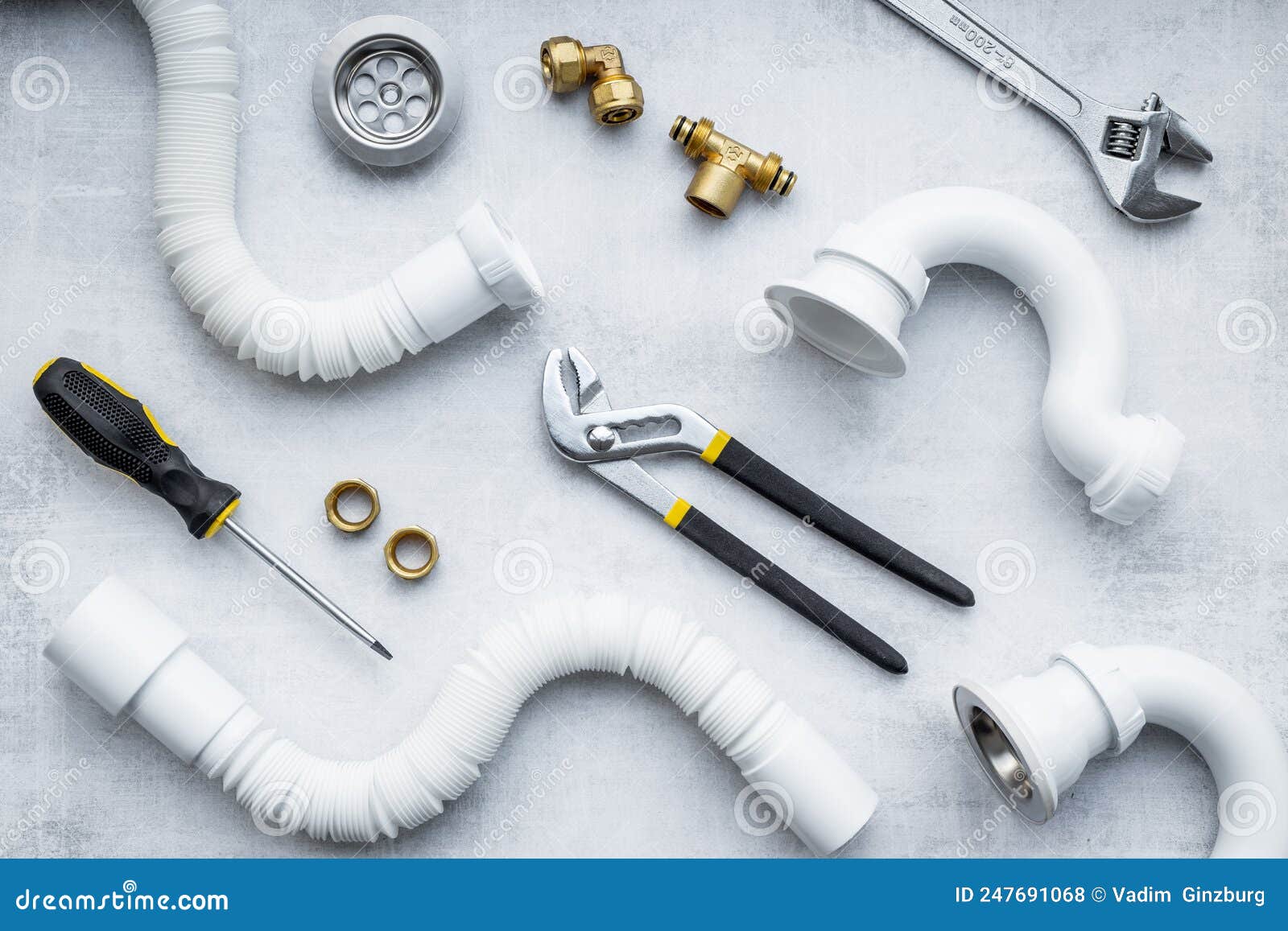 Plumbing Work Concept with Pipes and Tools, Top View Stock Photo