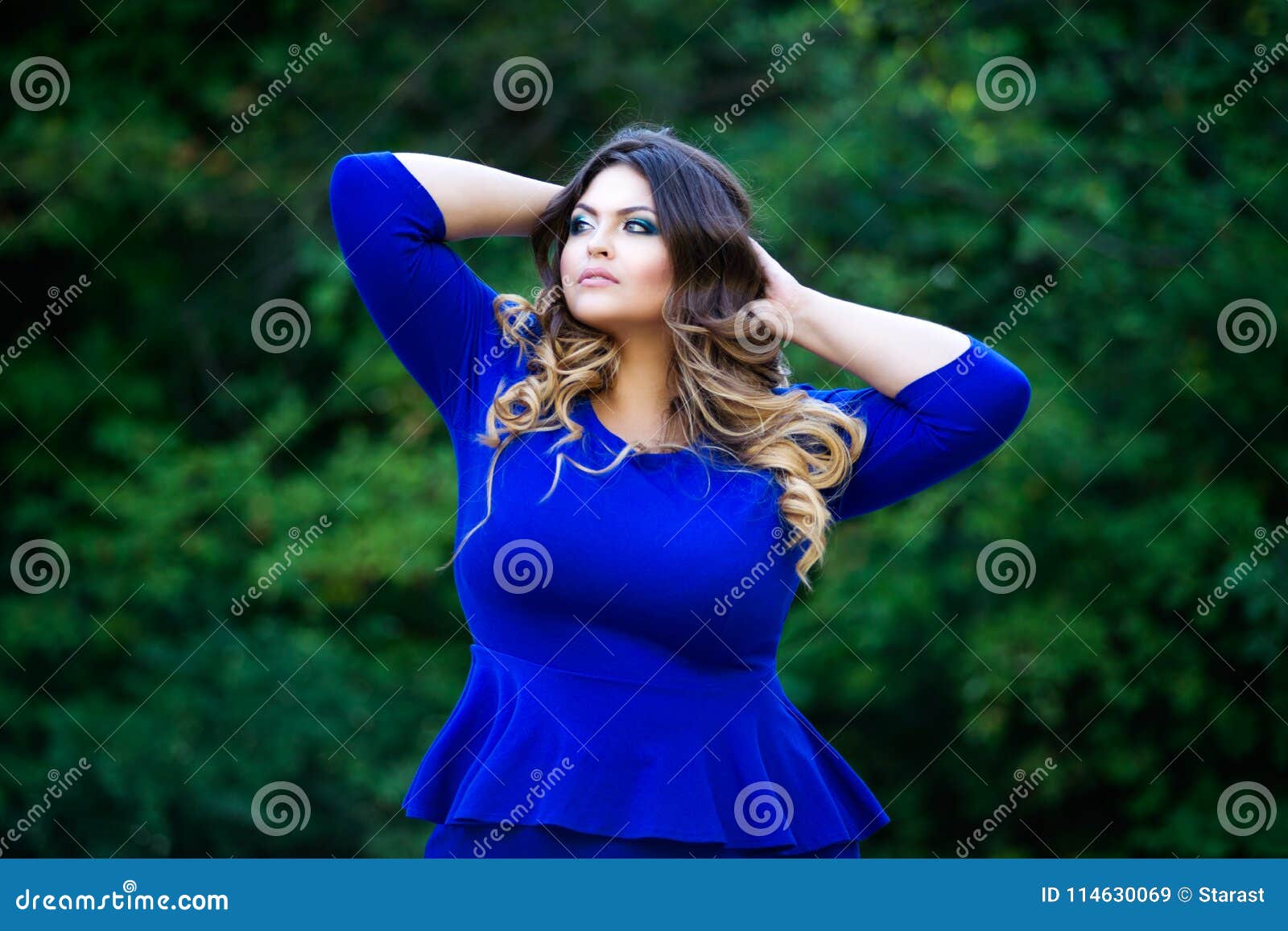 Young Beautiful Stylish Plus Size Fashion Model in Blue Dress Outdoors, Xxl  Woman on Nature Stock Image - Image of gir…