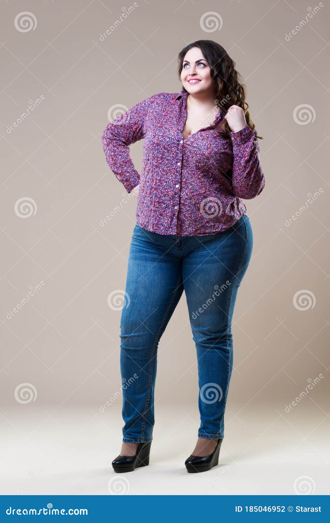 Plus Size Fashion Model in Casual Clothes, Fat Woman on Beige ...