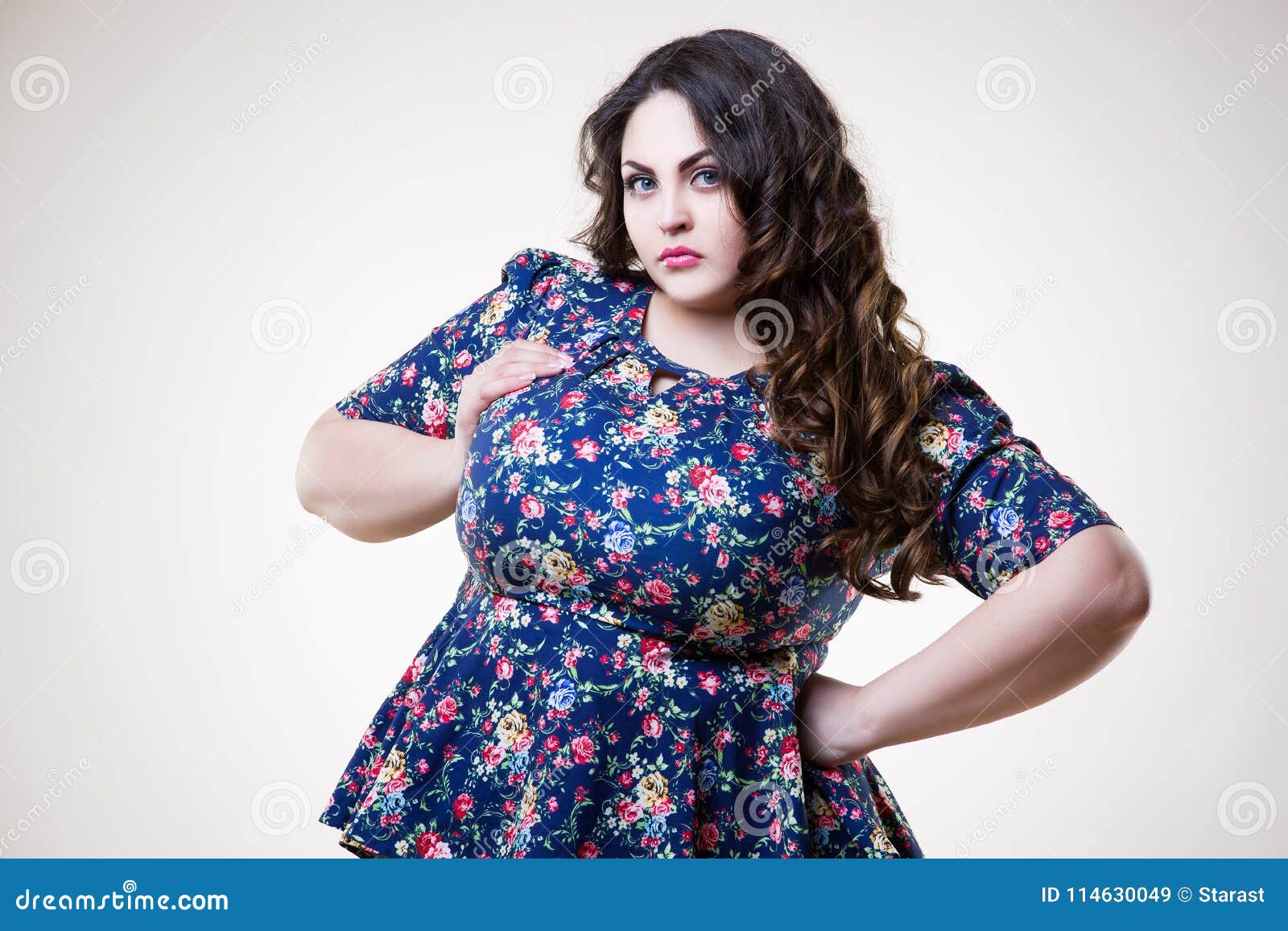 Plus Size Fashion Model in Casual Clothes, Fat Woman on Beige ...