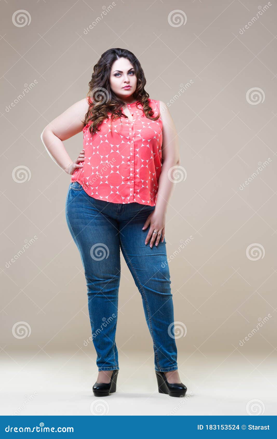 Plus Size Fashion Model in Casual Clothes, Fat Woman on Beige ...