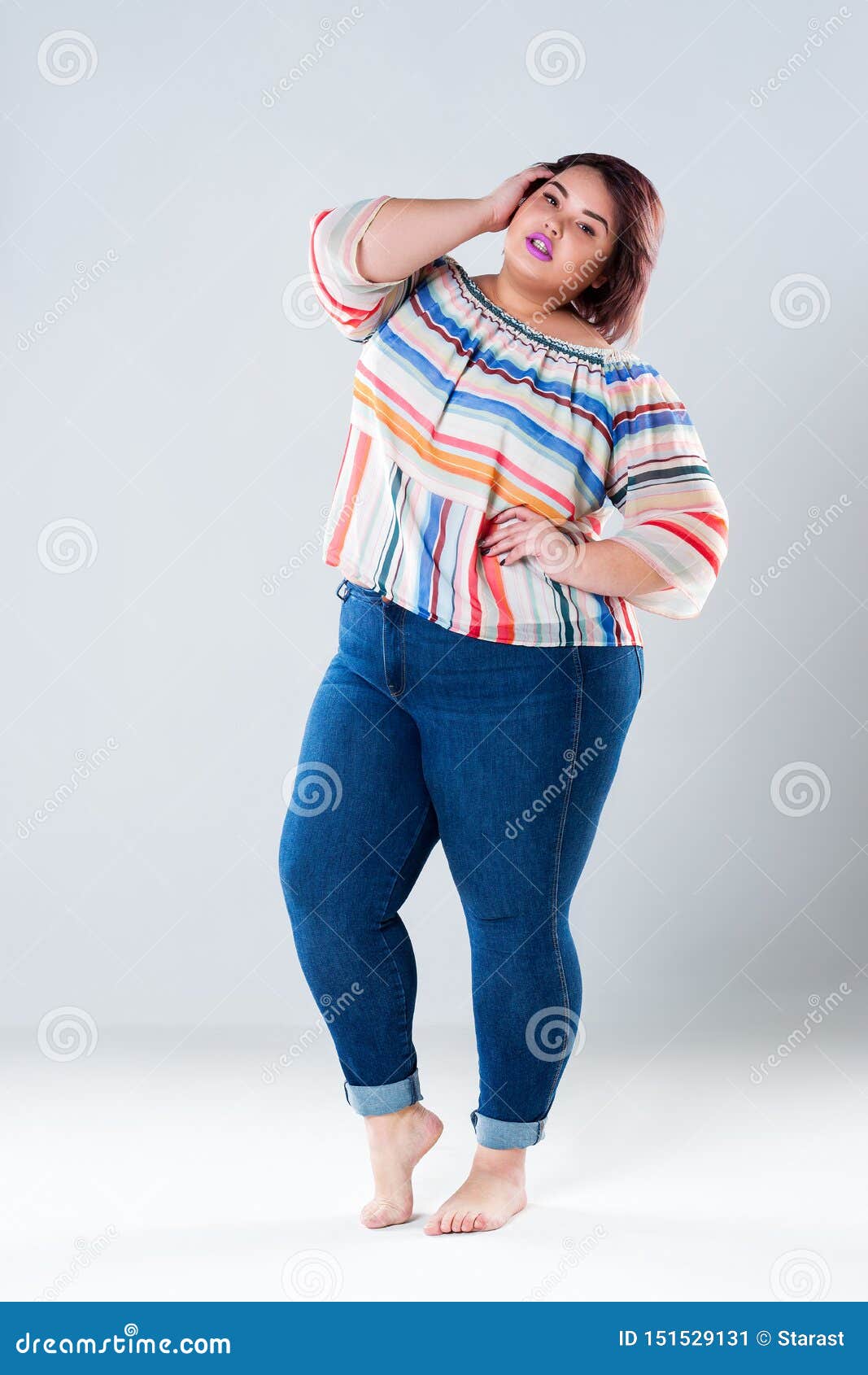 Plus Size Fashion Model in Casual Clothes, Fat Woman on Gray