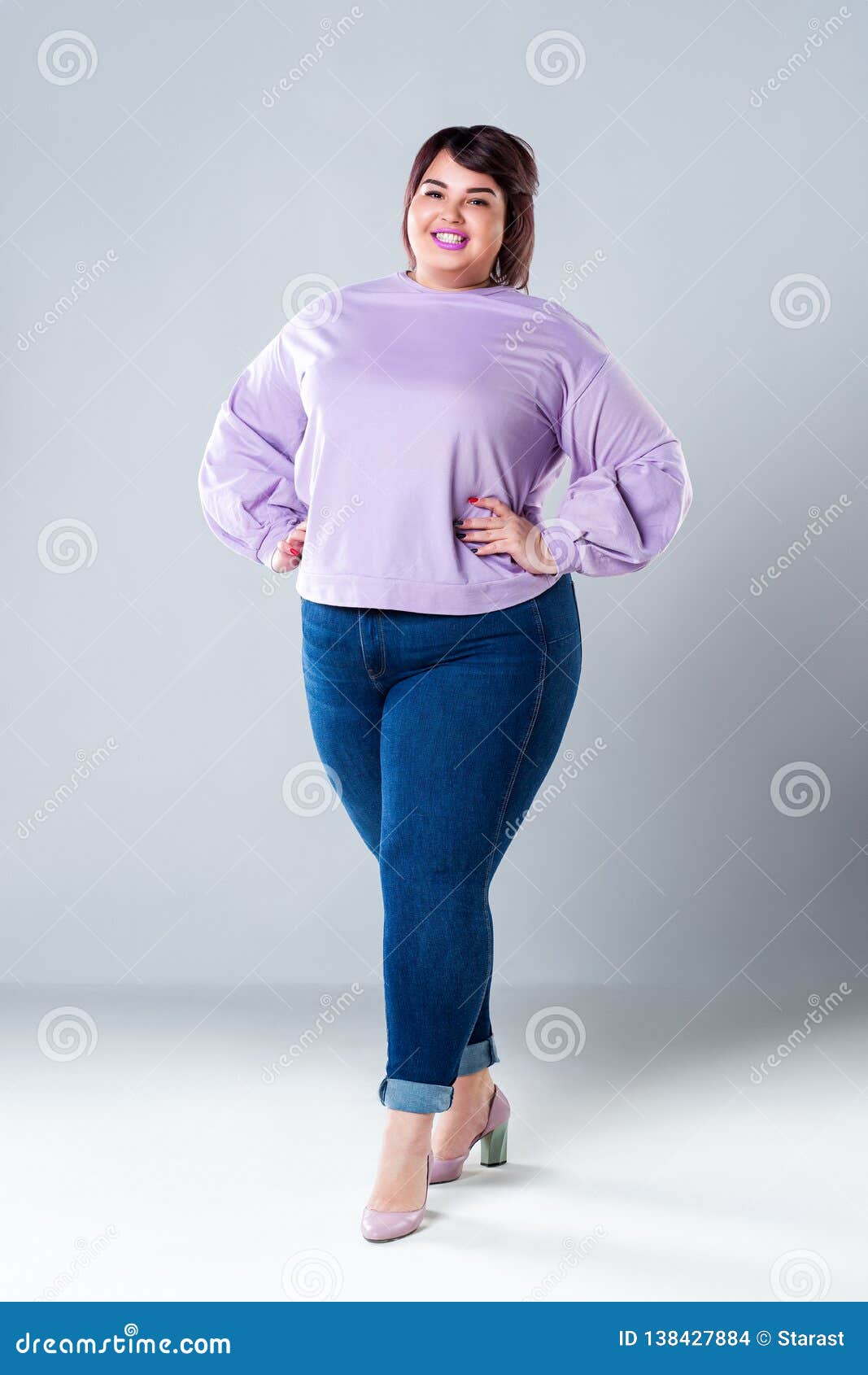 Plus Size Fashion Model in Casual Clothes, Fat Woman on Gray Background  Stock Photo - Image of elegant, beauty: 138427884