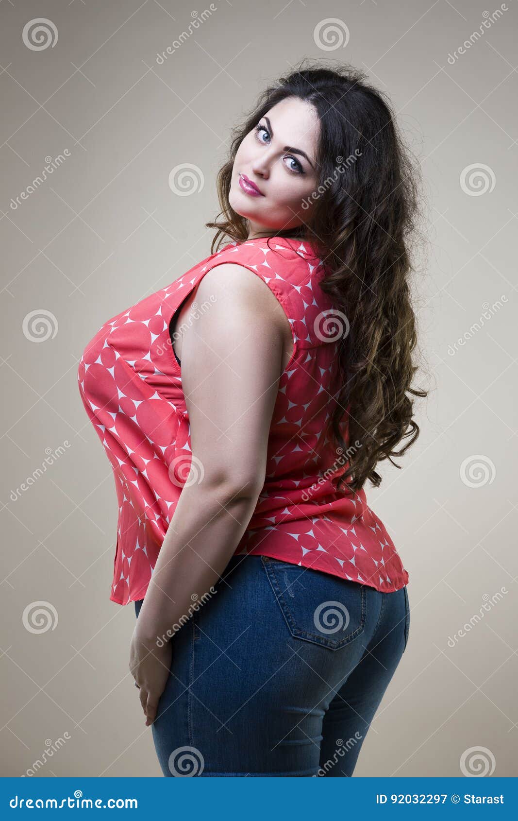 Plus Size Fashion Model in Casual Clothes, Fat Woman on Studio ...