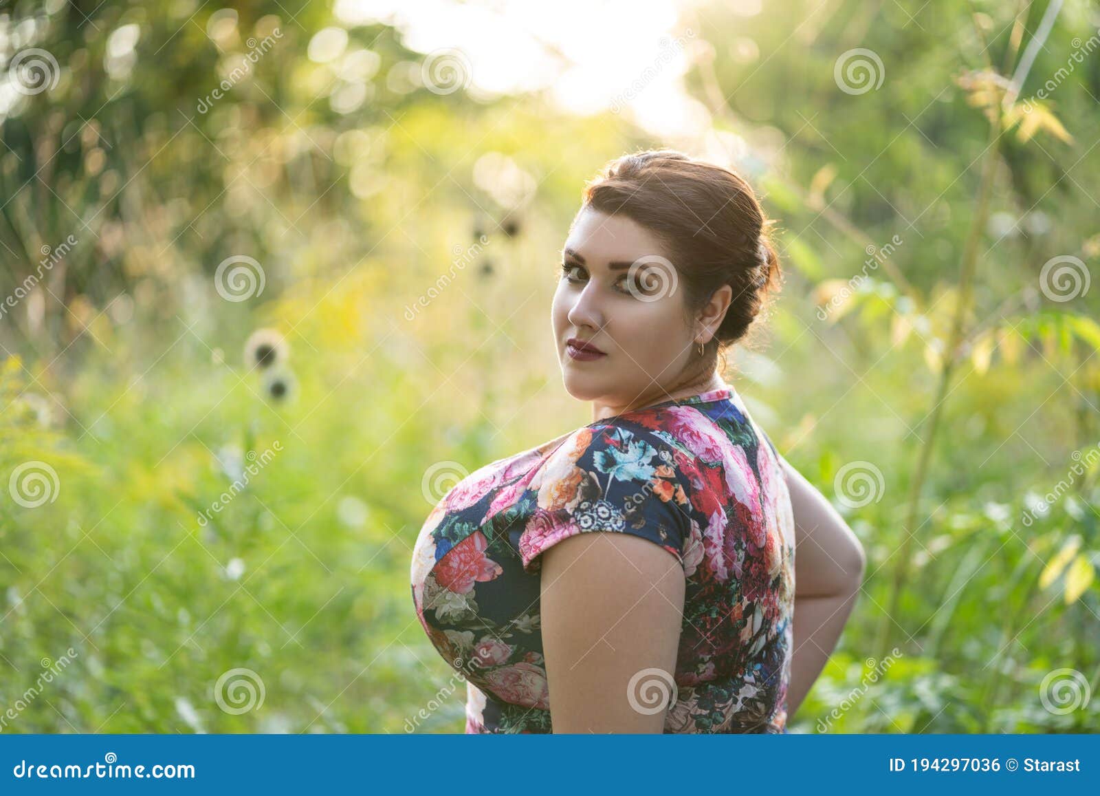 Plus Size Fashion Model in Blue Dress with a Deep Neckline Outdoors,  Beautiful Fat Woman with Big Breasts in Nature Stock Image - Image of  clothing, model: 194296889