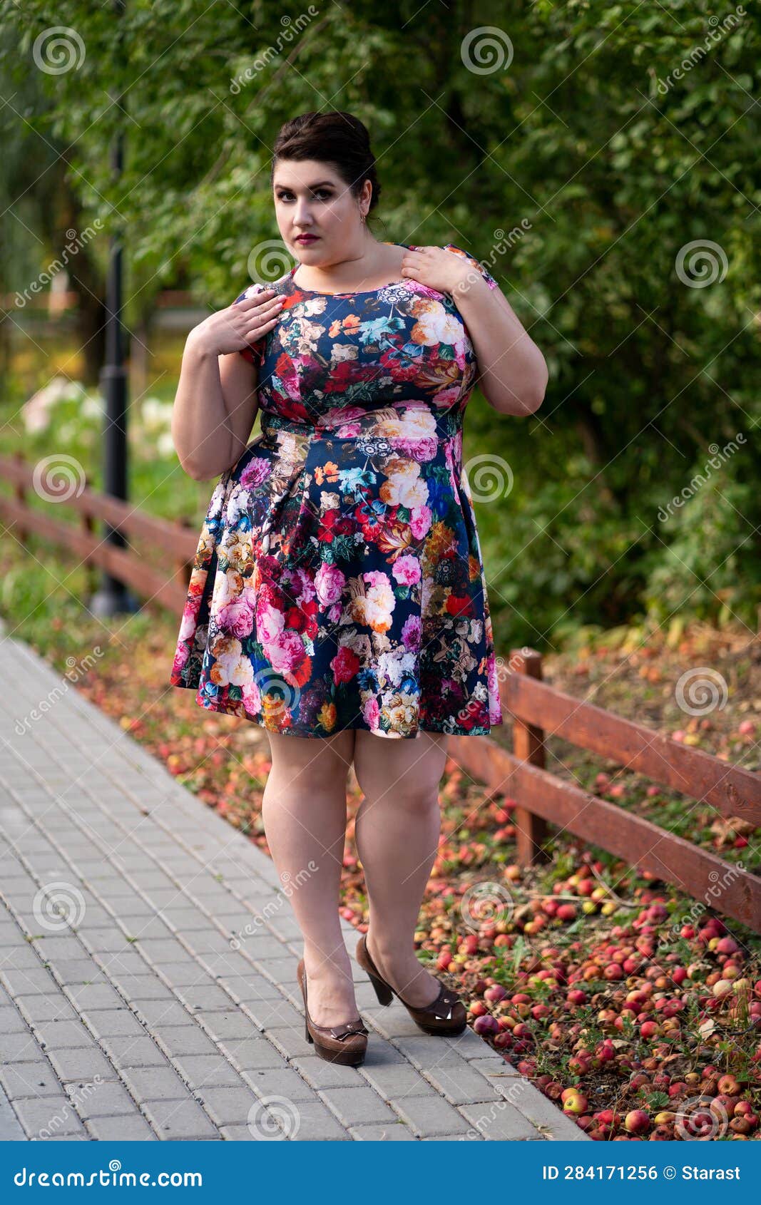 Plus Size Fashion Model in Floral Dress Outdoors, Beautiful Fat