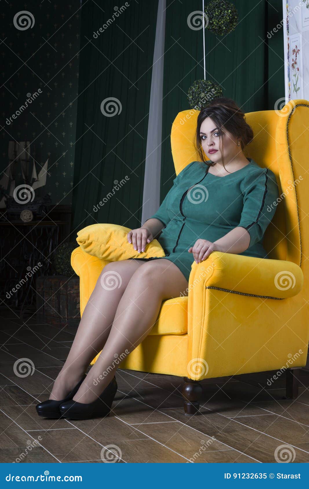 Plus Size Fashion Model In Green Evening Dress, Fat Woman 