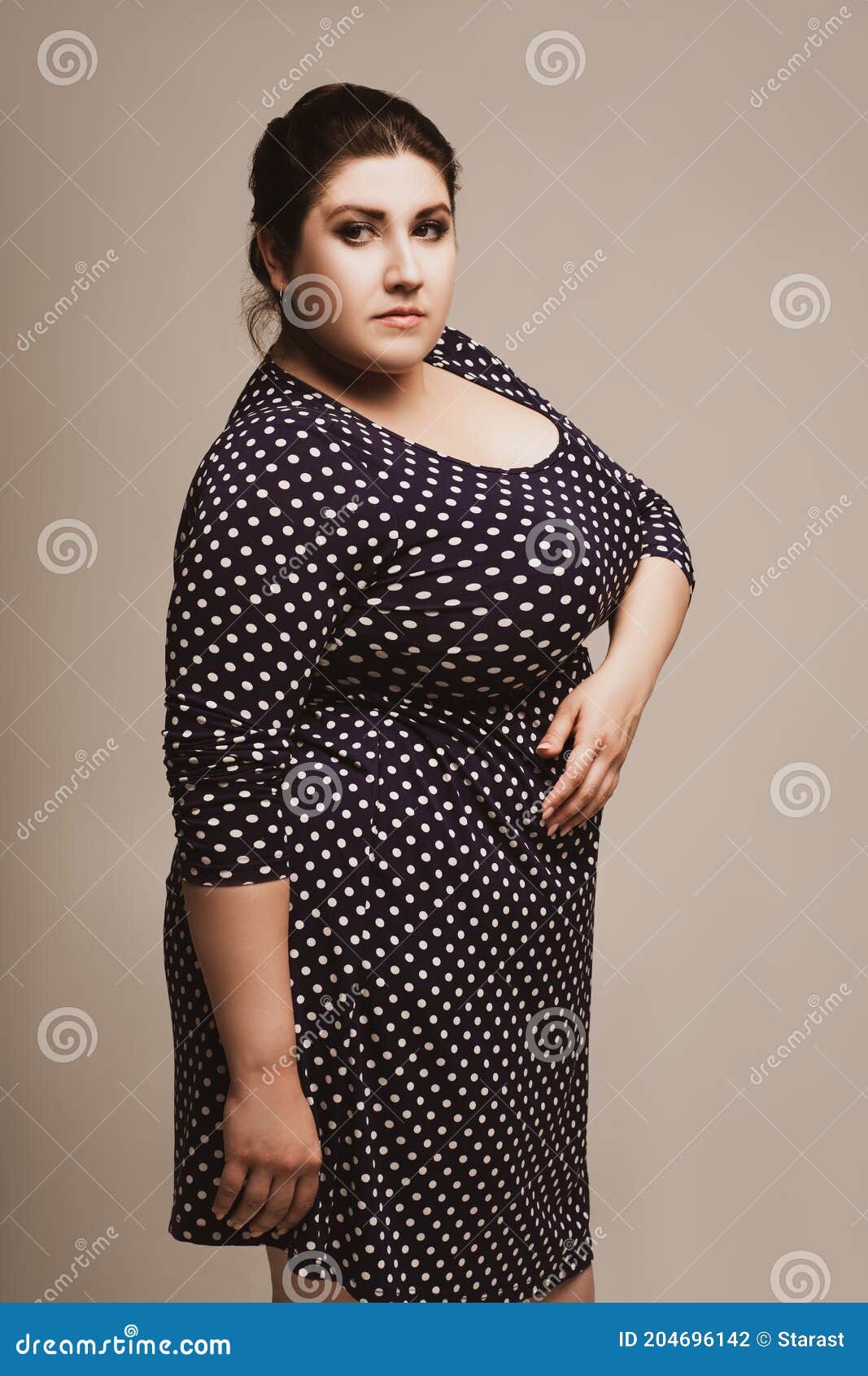 Plus Size Fashion Model in Polka Dot Dress, Fat Woman on Studio Background  Stock Photo - Image of breast, casual: 204696142