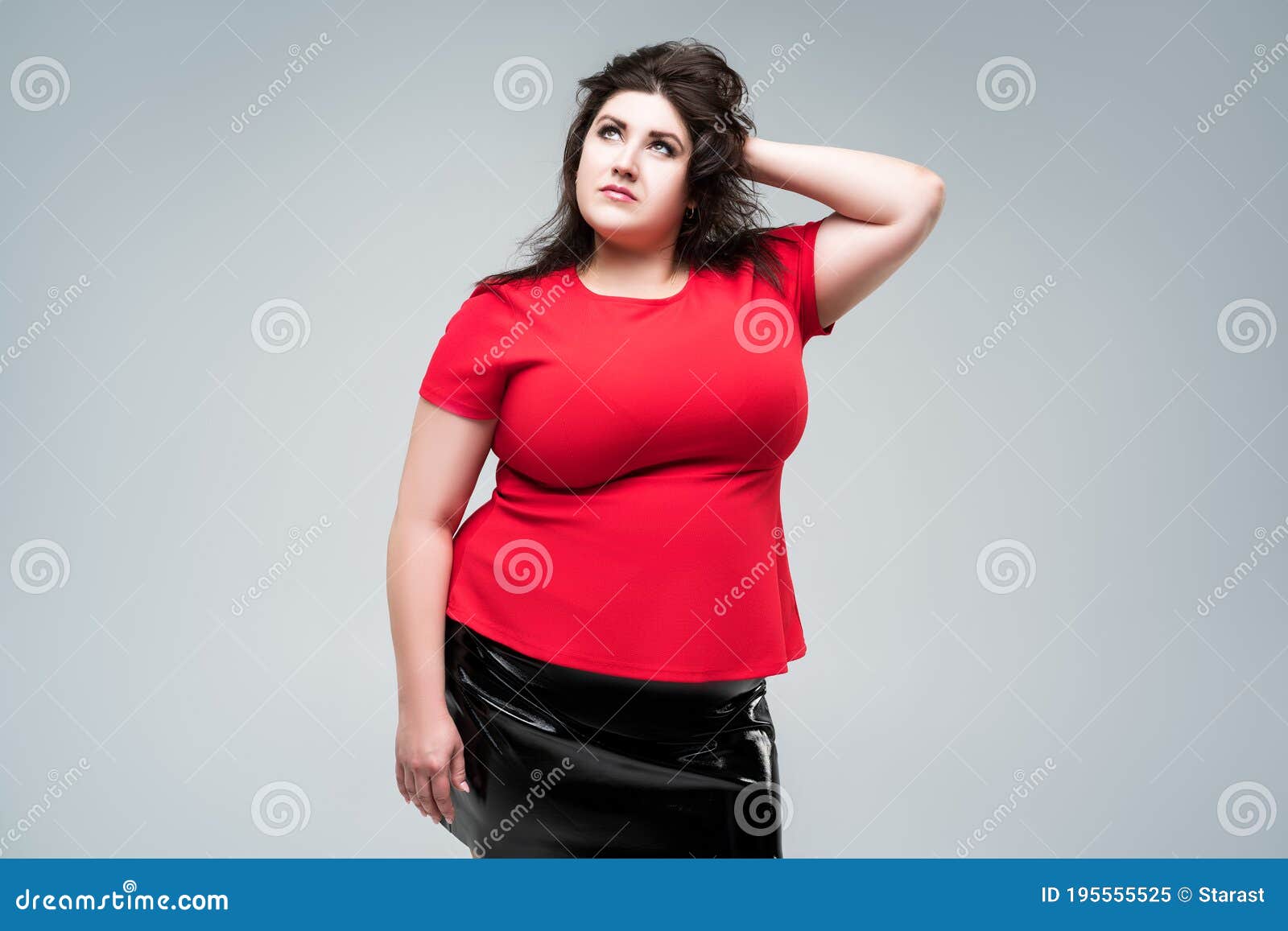 Plus Size Fashion Model in Red Blouse and Black Skirt, Fat Woman