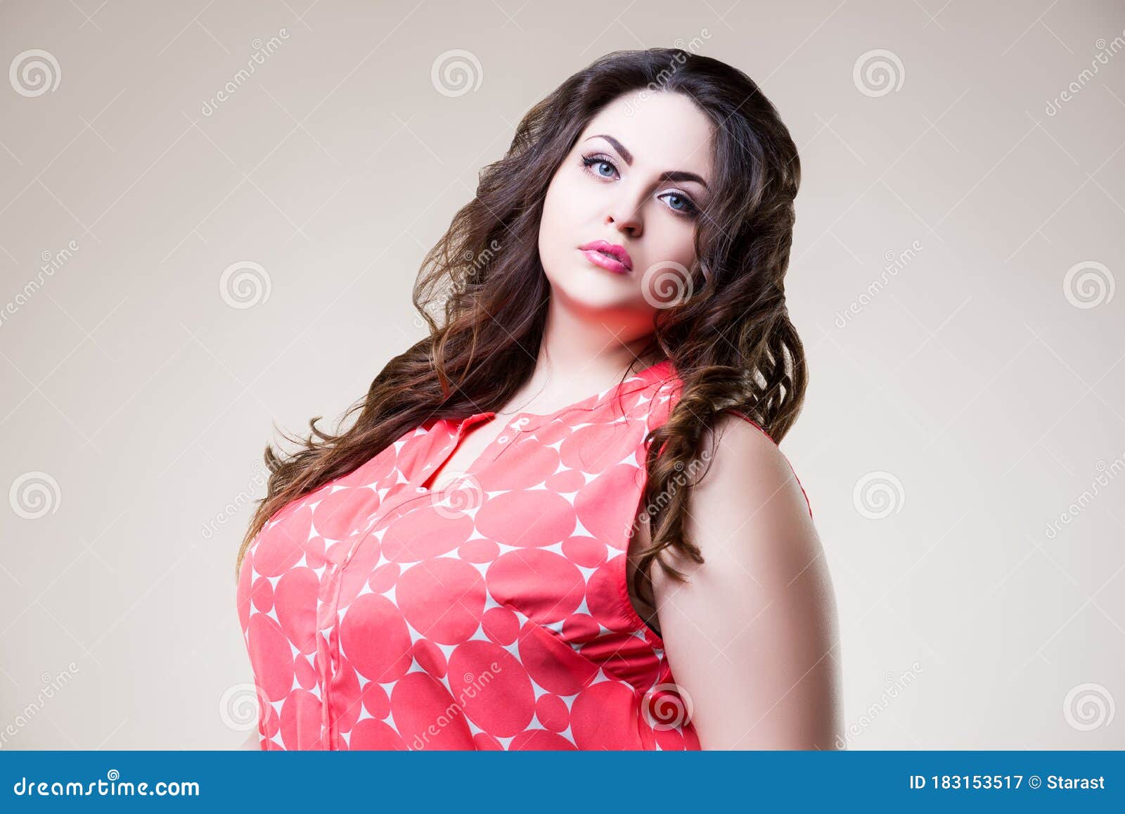 Plus Size Fashion Model in Red Blouse, Fat Woman on Beige Background ...