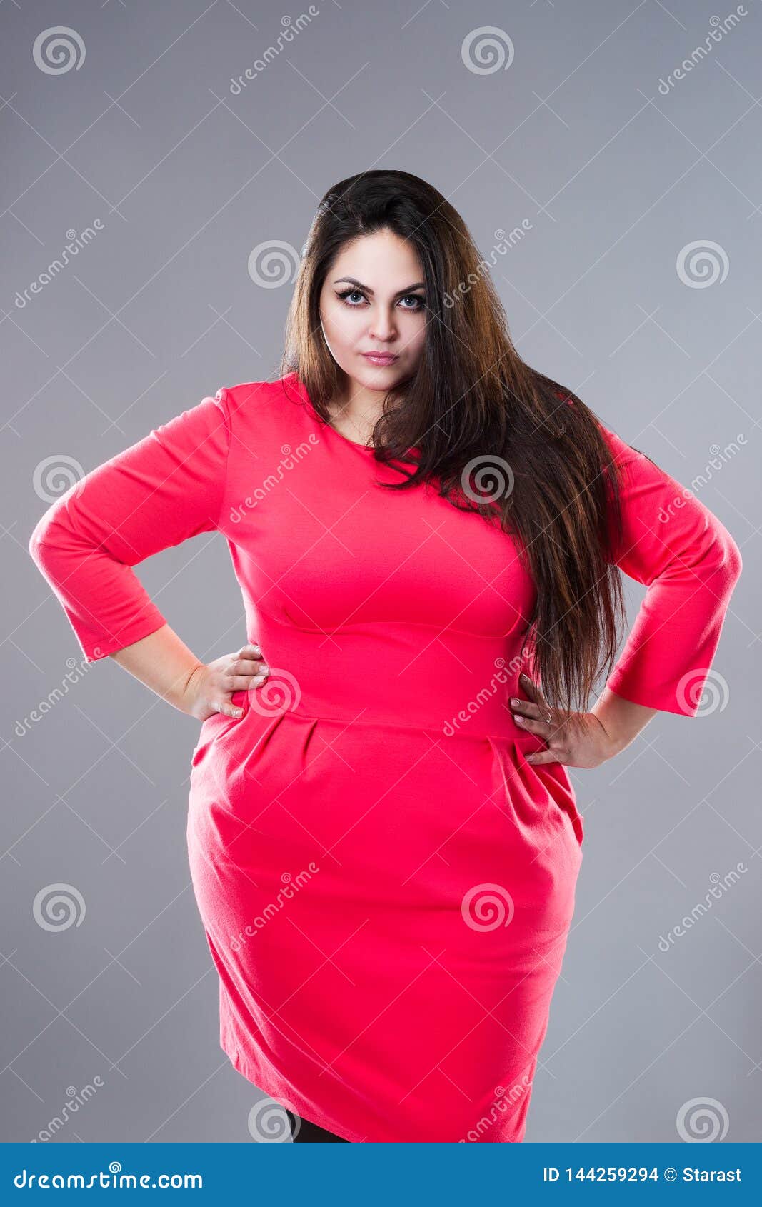 Plus Size Fashion Model in Red Dress, Fat Woman on Gray Background ...