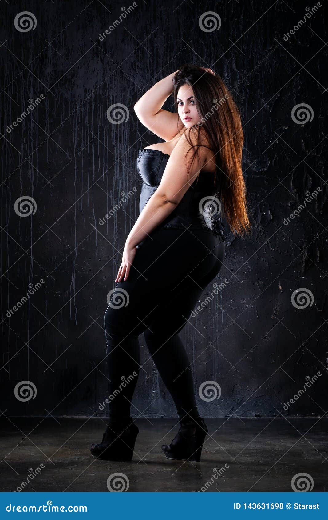 Plus Size Model in Black Corset, Fat Woman with Big Natural