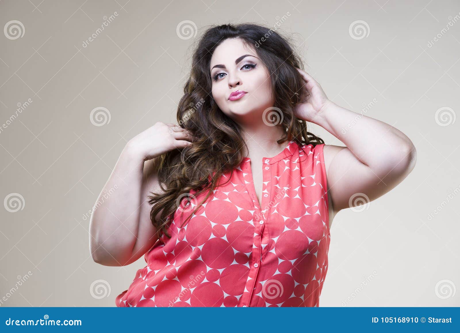 Plus Size Fashion Model, Fat Woman on Beige Background Stock Photo ...