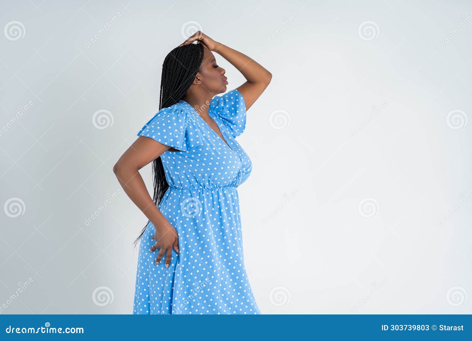 Plus Size Female Model Posing in Blue Dress on White Background, Young  African Woman with Curvy Figure and Pigtailed Hairstyle, Stock Image -  Image of breast, braid: 303739793