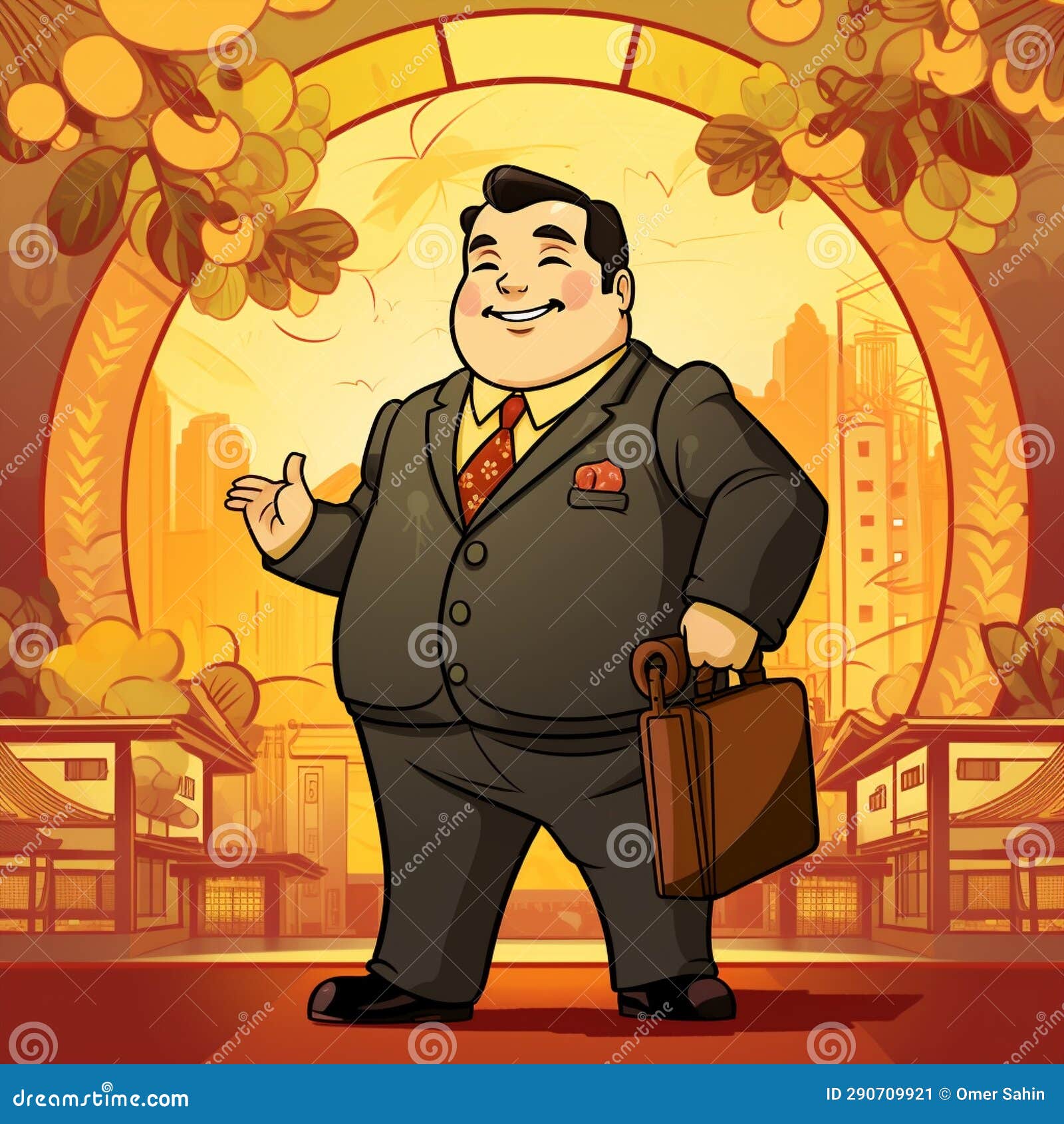 plus-size manager with glowing briefcase in traditional japanese cartoon style
