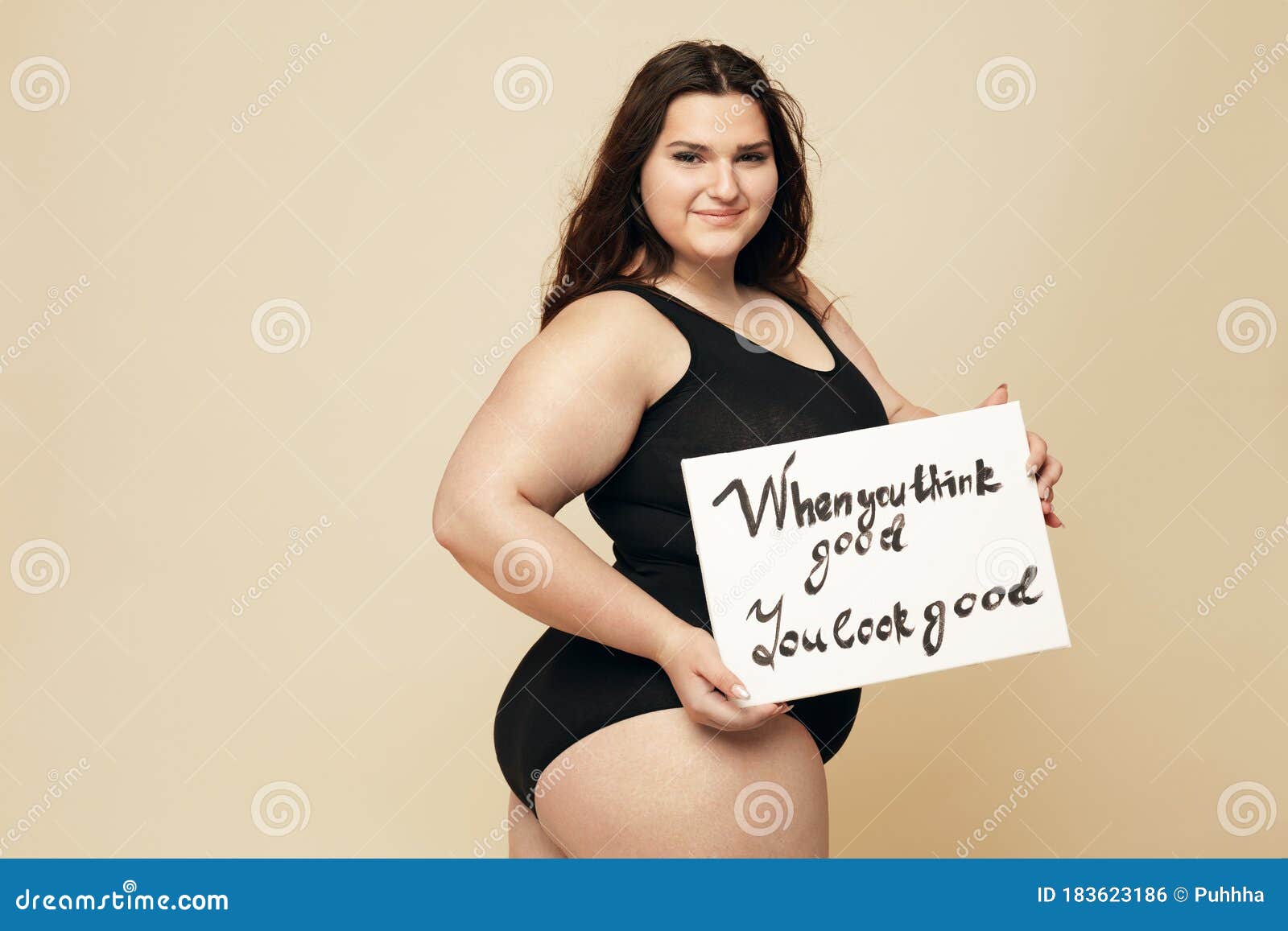 Plus Size Fat Woman Portrait. Brunette Holding Motivational Poster. Stock Photo Image of holding, lady: 183623186