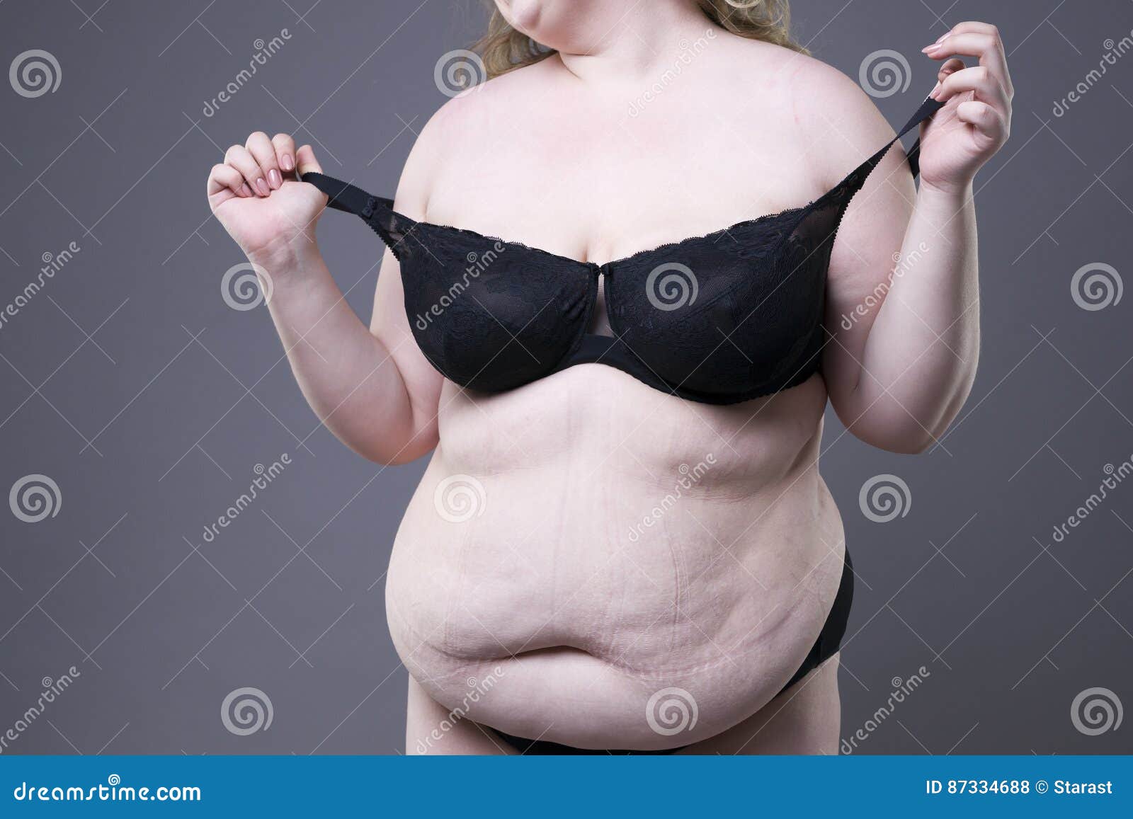 Plus Size Model in Black Lingerie, Overweight Female Body, Fat Woman with  Stretch Marks on Gray Background Stock Photo - Image of growth, flabby:  87334688