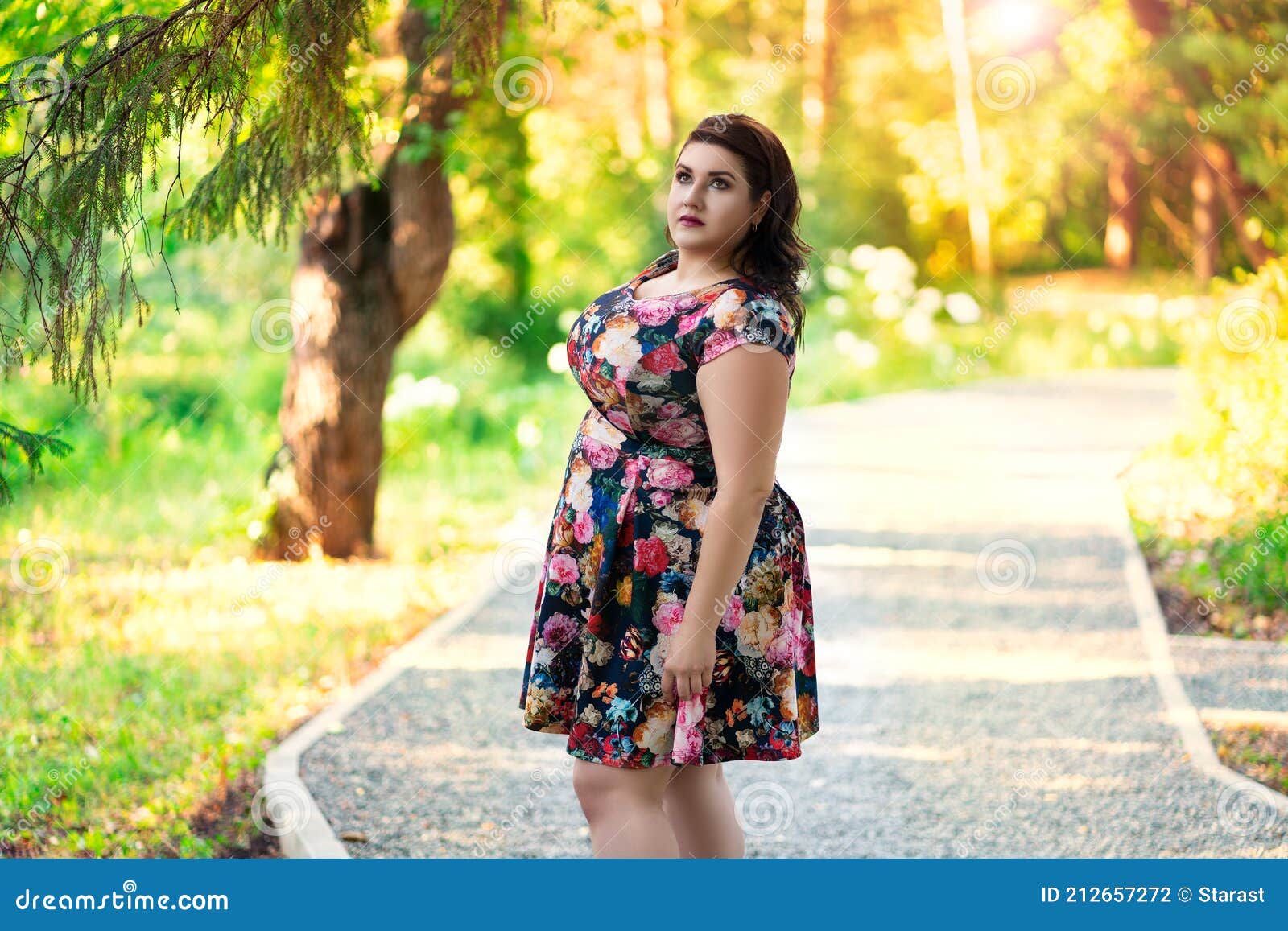 Plus Size Model in Floral Dress Outdoors, Beautiful Fat Woman in Nature ...