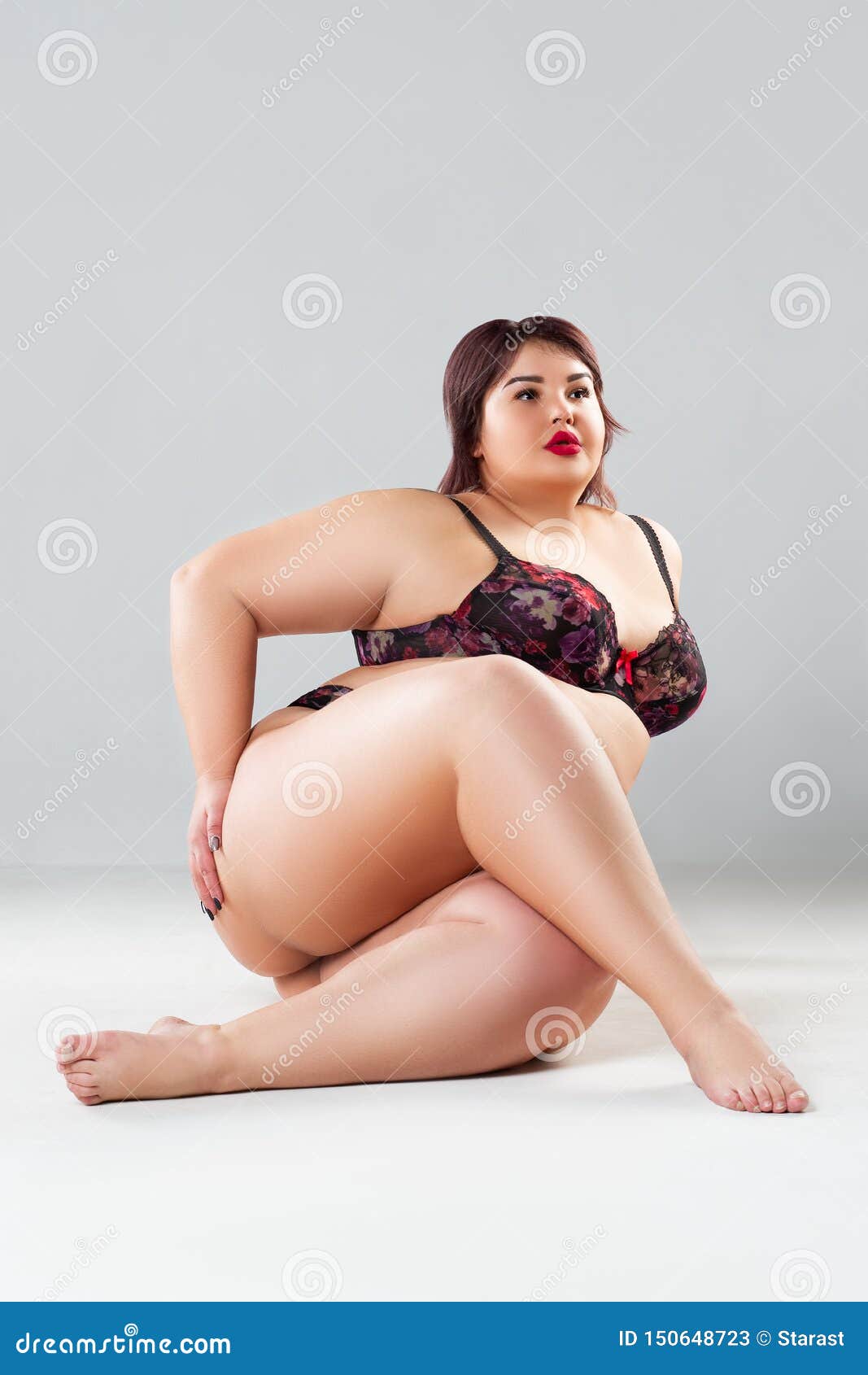 Plus Size Model in Lingerie, Fat Woman in Underwear on Gray Background, Body Positive Concept Stock Image