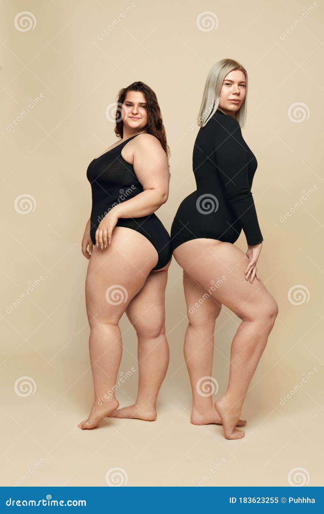 Plus Size Models. Full-figured Women in Black Bodysuits Full-length  Portrait. Brunette and Blonde Posing on Beige Background Stock Image -  Image of concept, female: 183623255