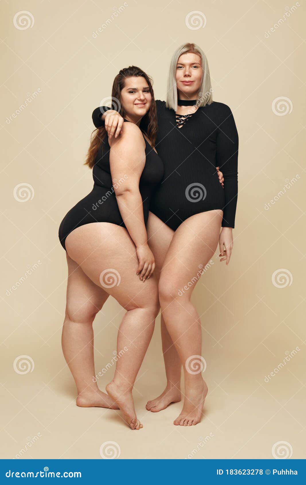 Plus Size Models. Full-figured Women Full-length Portrait. Brunette and Blonde in Black Bodysuits Posing on Beige Stock Photo Image of fashion, female: 183623278