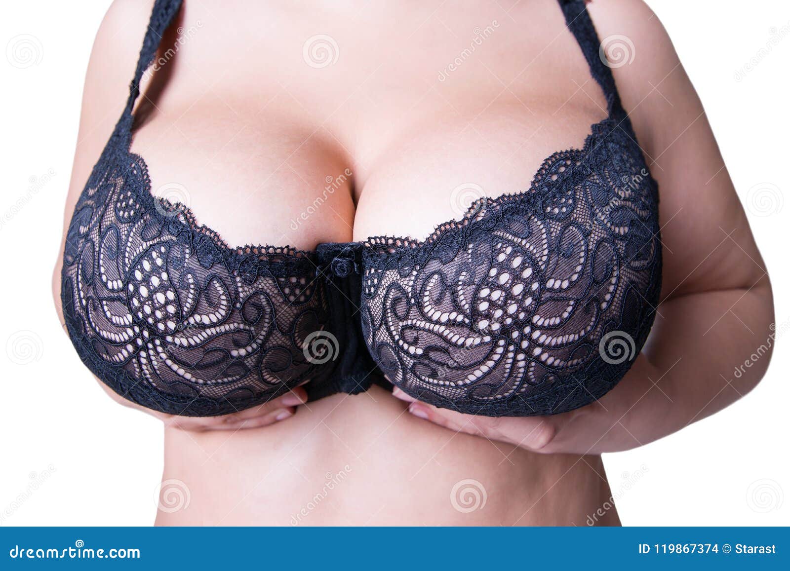 Plus Size Model in Black Bra, Fat Woman with Big Natural Breast