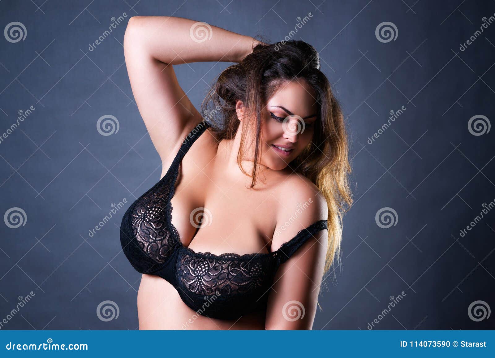 Plus Size Model in Black Bra, Fat Woman with Big Natural Breast on Gray  Studio Background, Overweight Female Body Stock Photo - Image of obesity,  model: 114073590