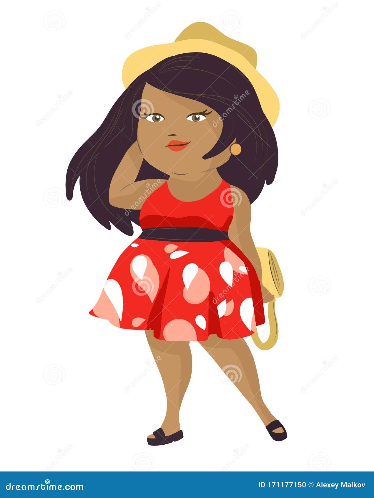 Plus Size Woman Illustration Curvy African Or Latina Female Cartoon Character Wearing Light Red