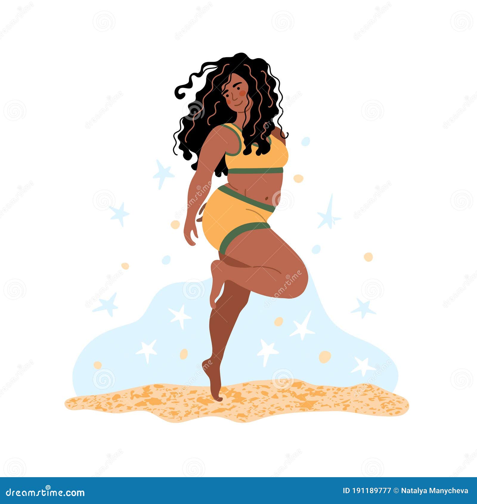 Plus Size Young African American Woman in Swimsuit Dancing on the Beach. Happy People Drawing in Style. International Women` Stock Vector - of dance, choice: 191189777