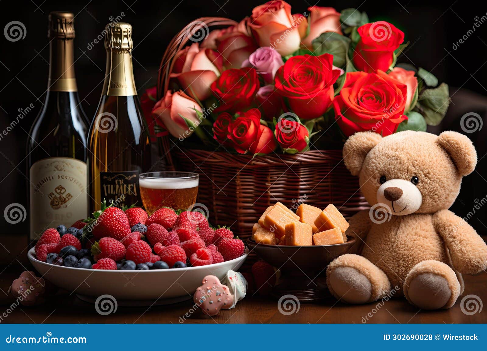 Plush Teddy Bear beside Fruit Bowls and a Bottle of Wine, AIgenerated. Stock Illustration