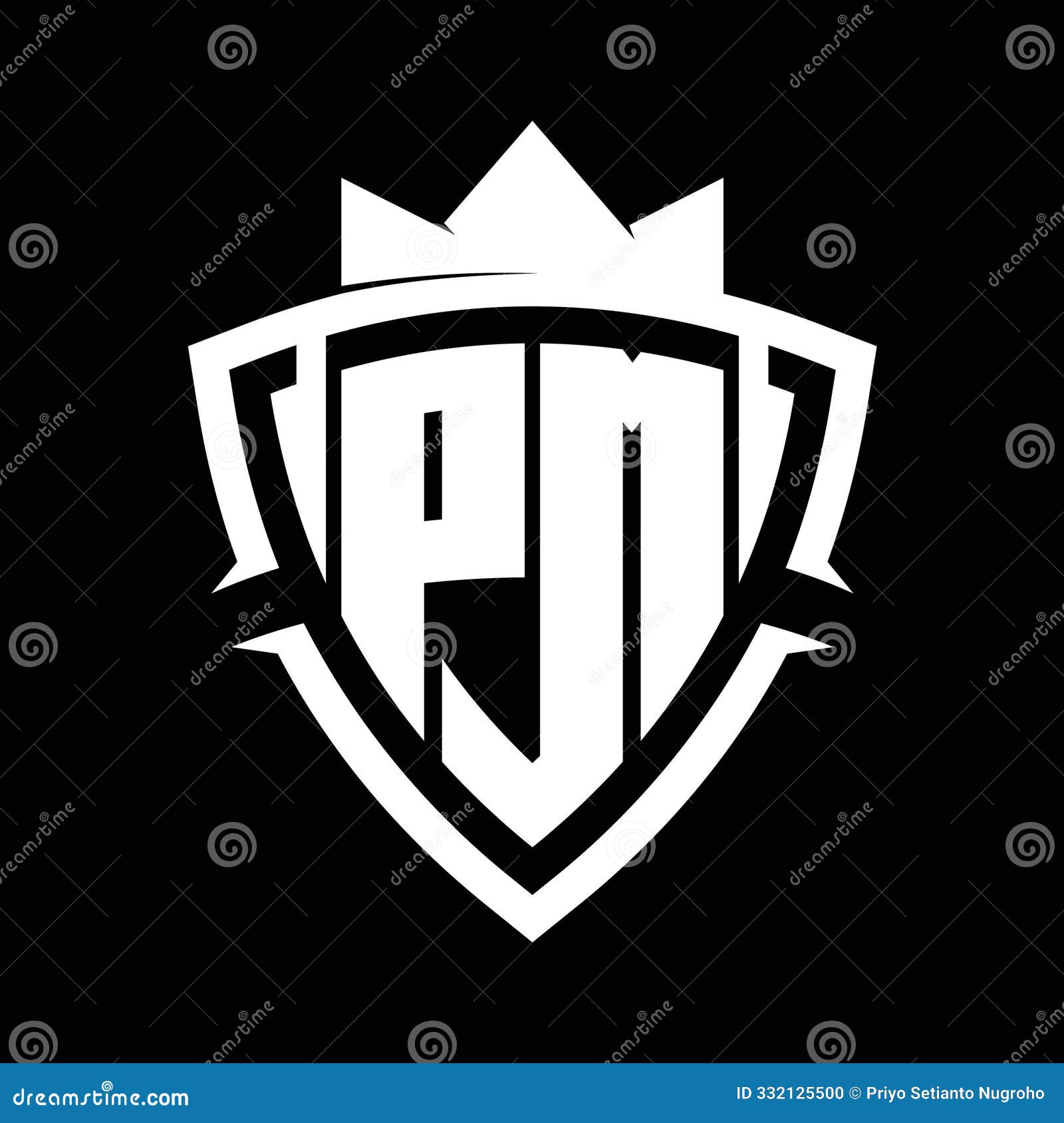 pm letter monogram with triangle curve shield  with crown white and black background color 