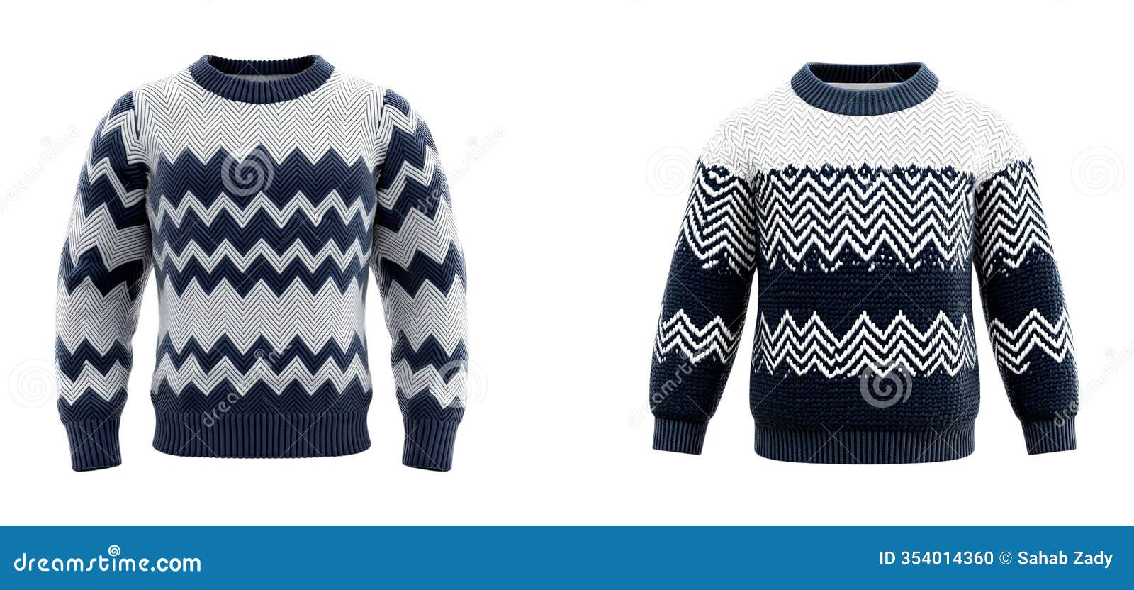 two stylish blue and white zigzag patterned sweaters with different textures,  on transparent and white background