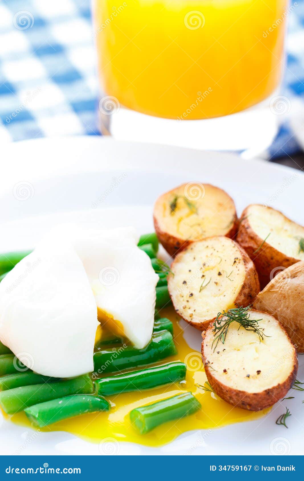 Poached Egg with French Beans and Baked Potato Stock Image Image of