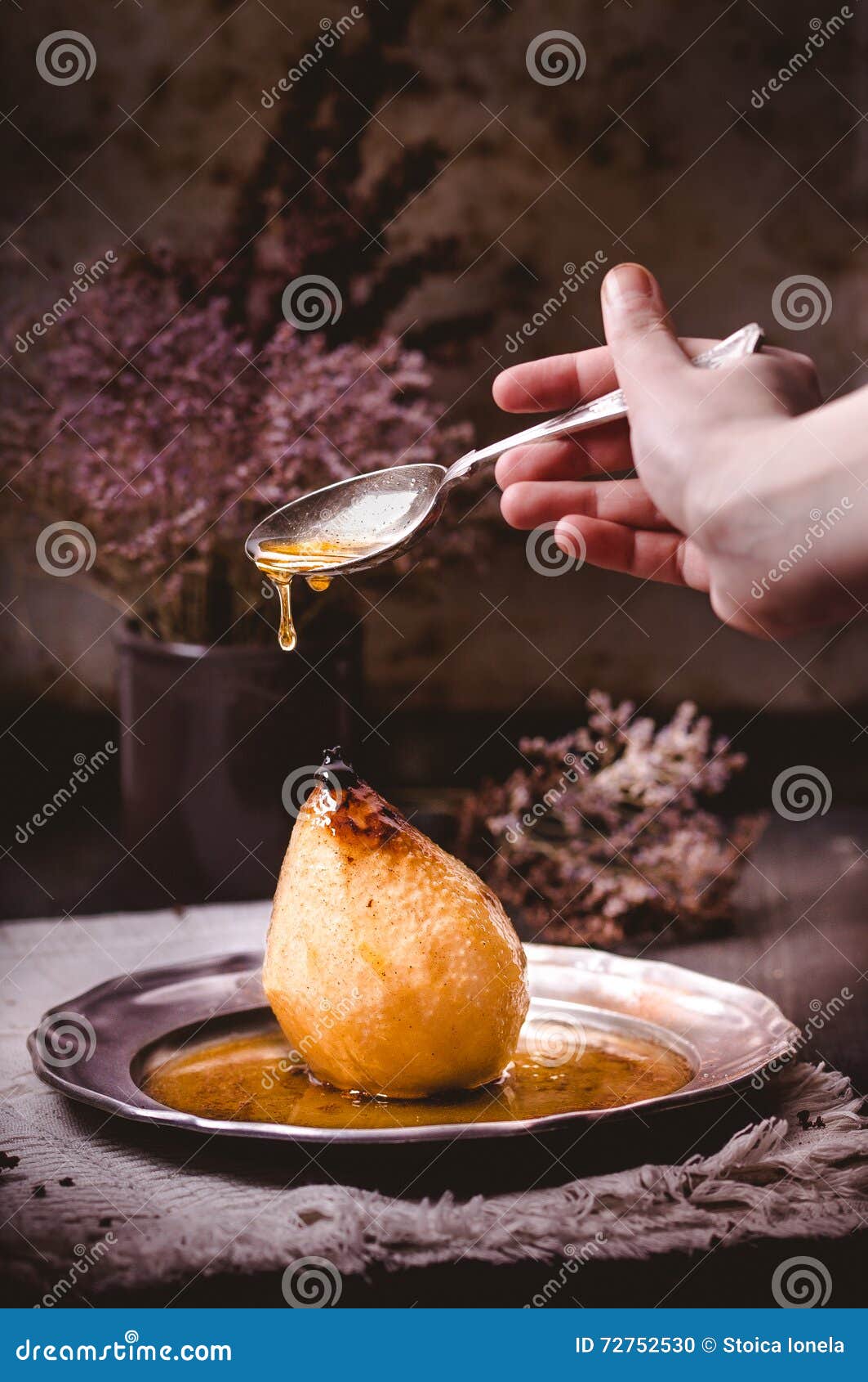 poached pear with honey sauce - poire belle hellene in a rustic mood