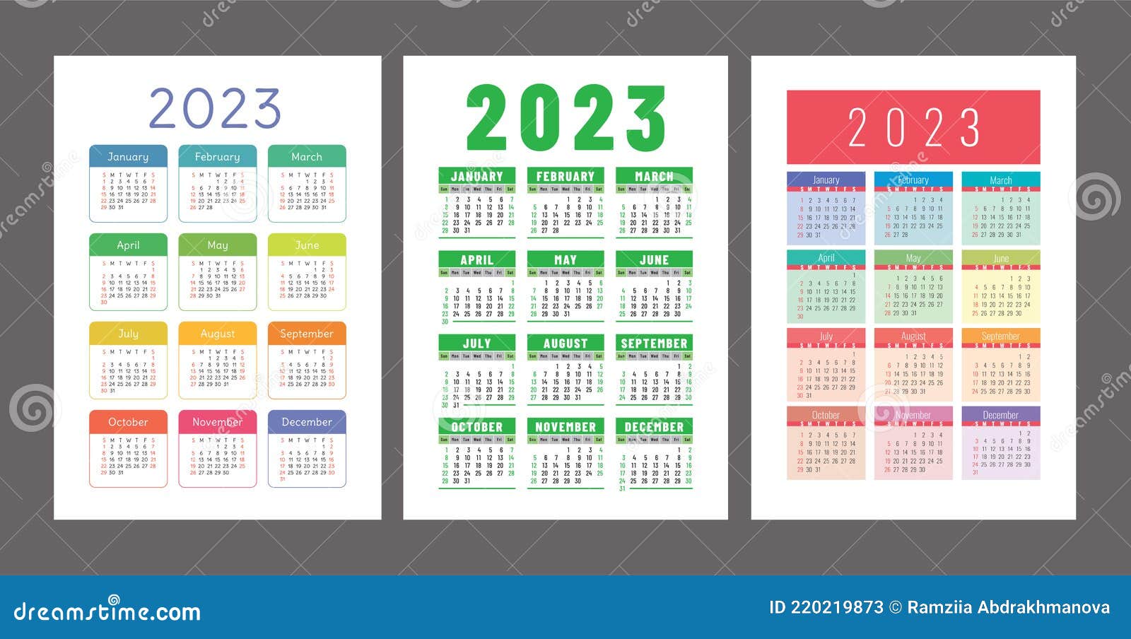 Pocket Calendar 2023. Portrait Orientation. English Colorful Vector Set.  Vertical Template. Design Collection Stock Vector - Illustration Of  English, Template: 220219873