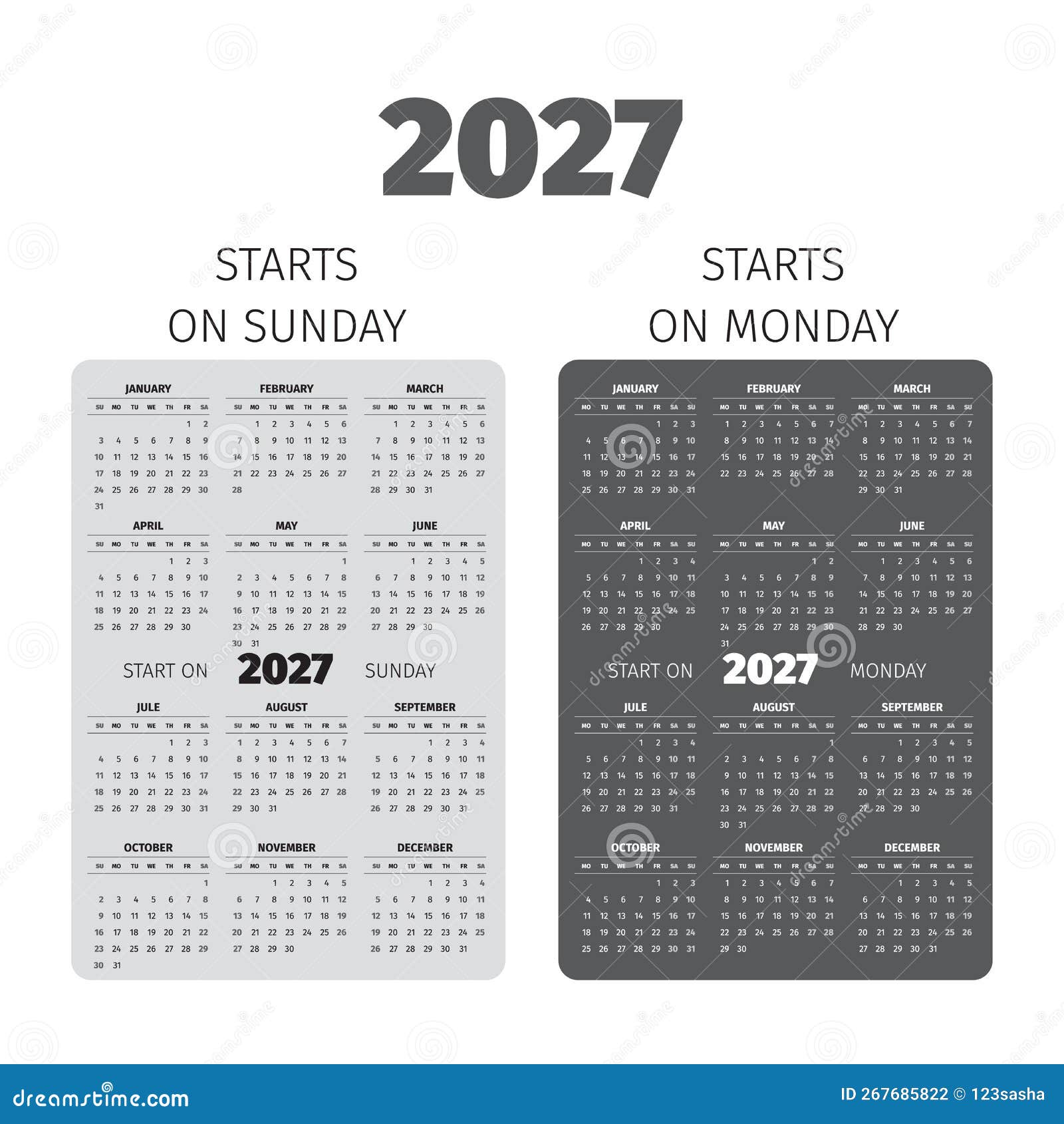 2027 Pocket Calendar. Start on Sunday and Monday Stock Vector