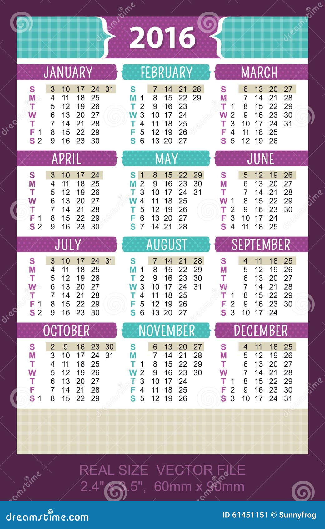 Pocket Calendar 2016, Start on Sunday Stock Vector Illustration of