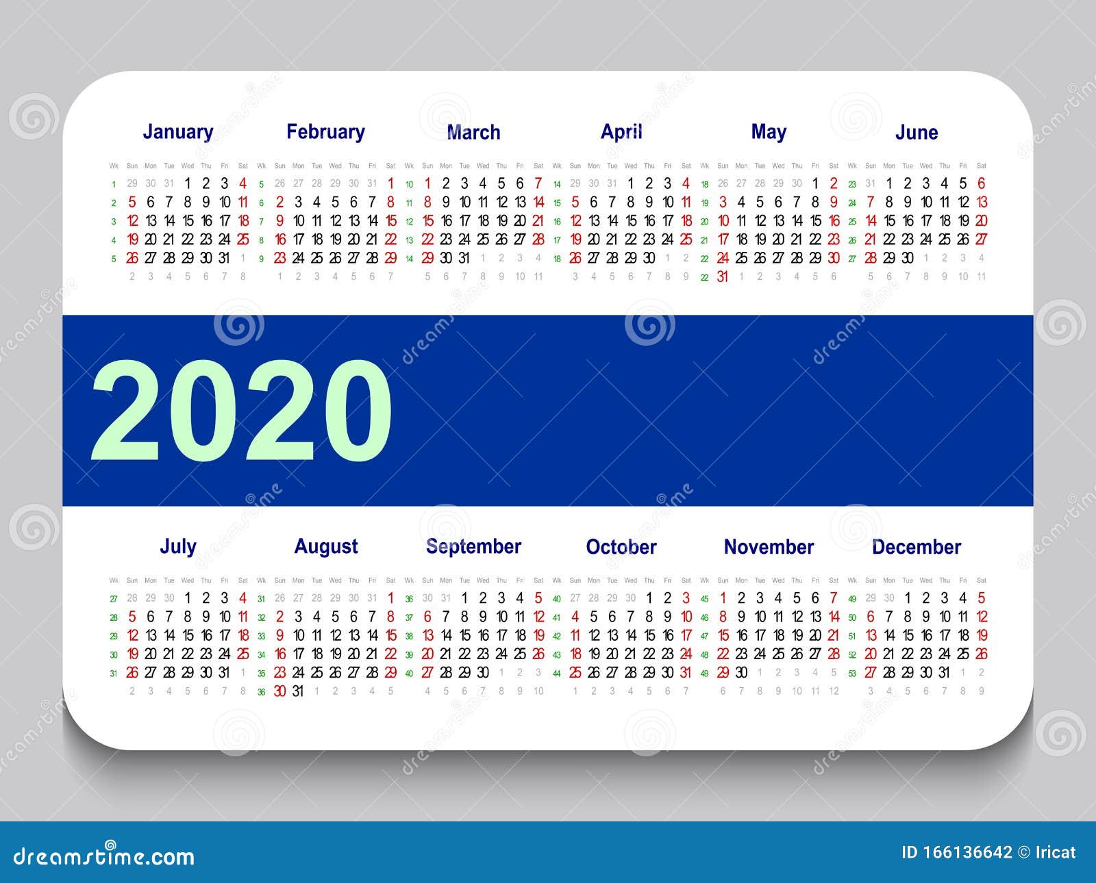 2020 Pocket Calendar. Template Calendar Grid. Horizontal Orientation