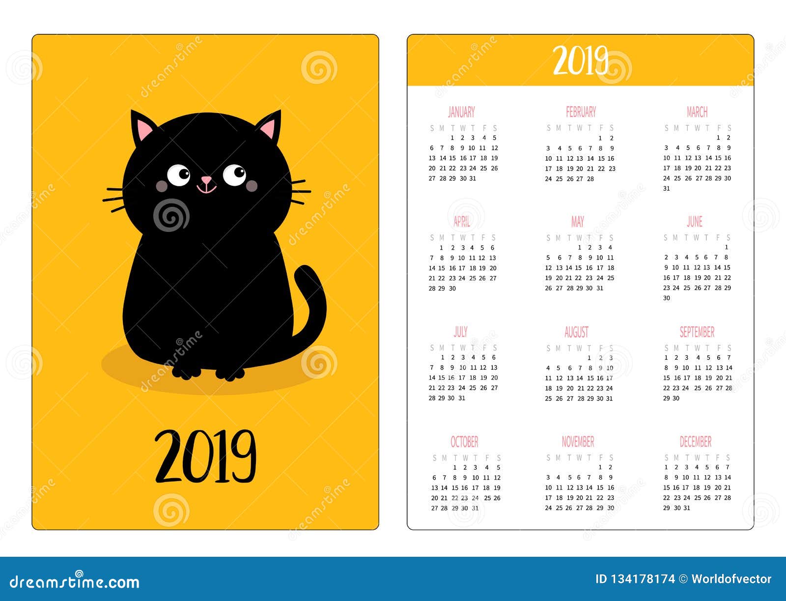 Pocket Calendar 19 Year Week Starts Sunday Black Cat Sitting Icon Cute Funny Cartoon Character Kawaii Animal Kitty Kitten Stock Vector Illustration Of Meow Cartoon