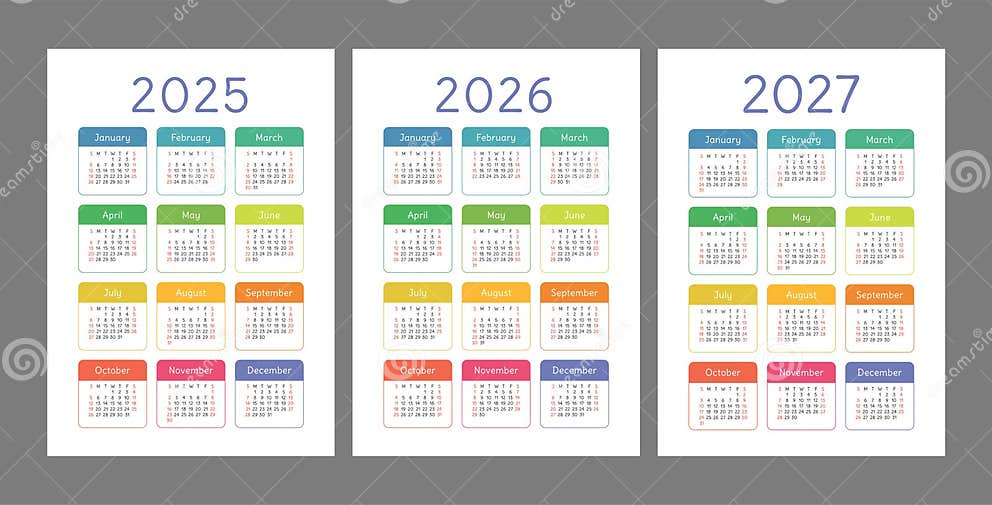 Pocket Calendar 2025 2026 And 2027 Years Portrait Orientation