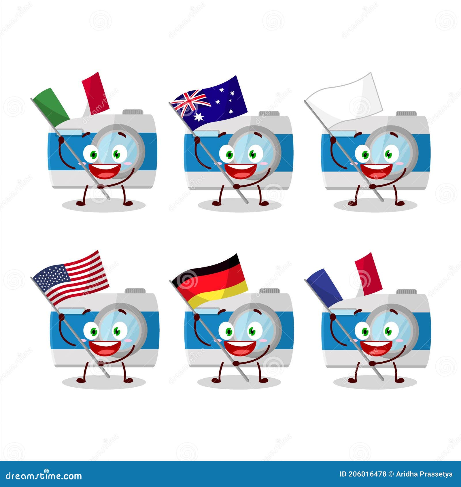 pocket camera cartoon character bring the flags of various countries