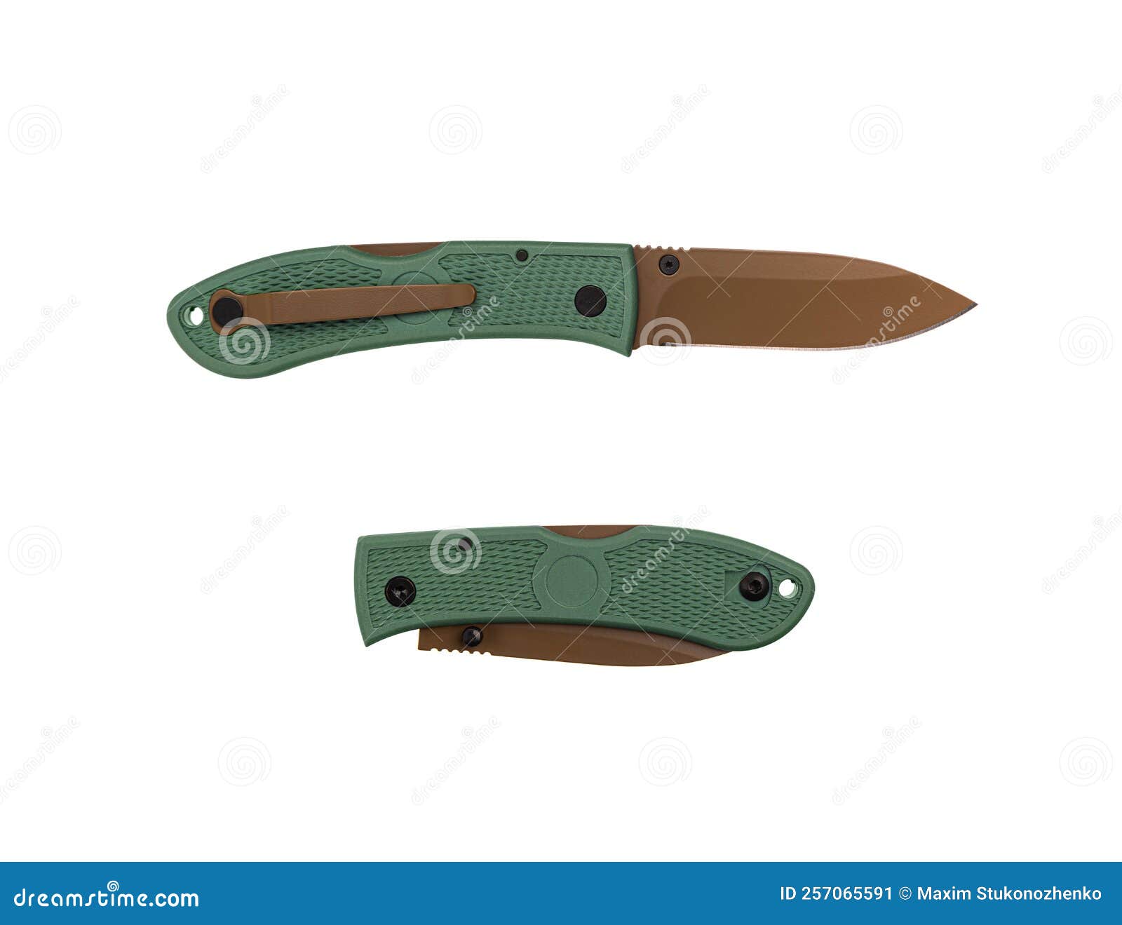 Pocket Folding Knife with Green Handle and Khaki Blade. Compact Metal