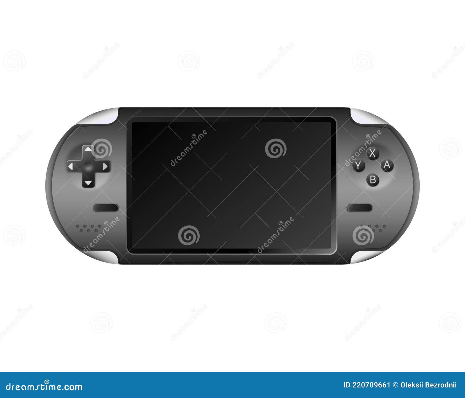 pocket gaming console with dark screen template. modern digital gadget with built in joysticks