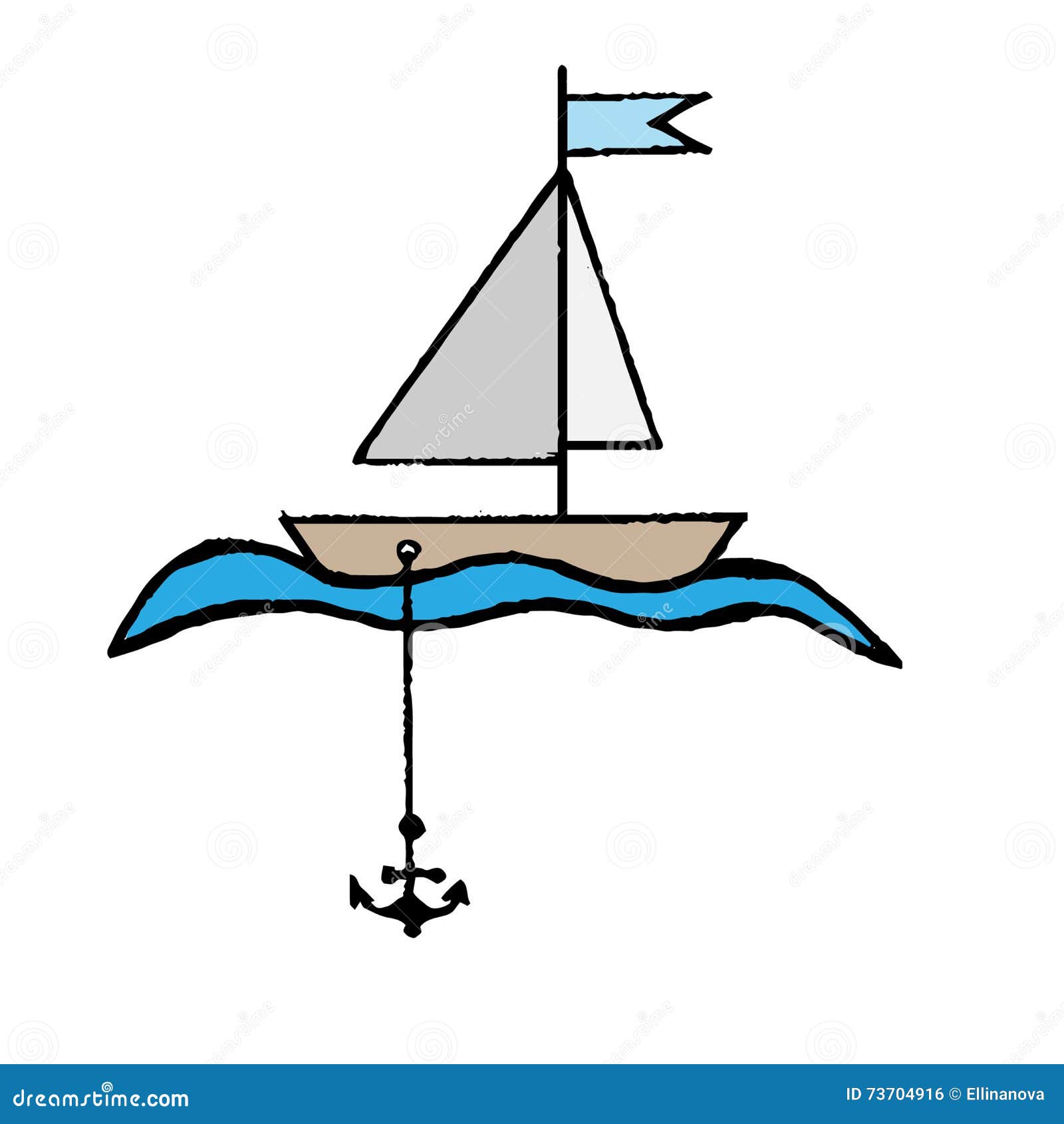 Poco Barco Con Una Bandera, Un Ancla Y Ondas Ilustración del